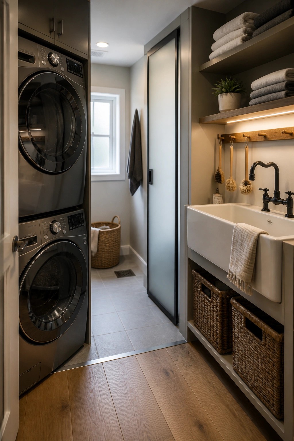 Modern laundry room with stacked washer-dryer, white sink, towel shelves and baskets.
