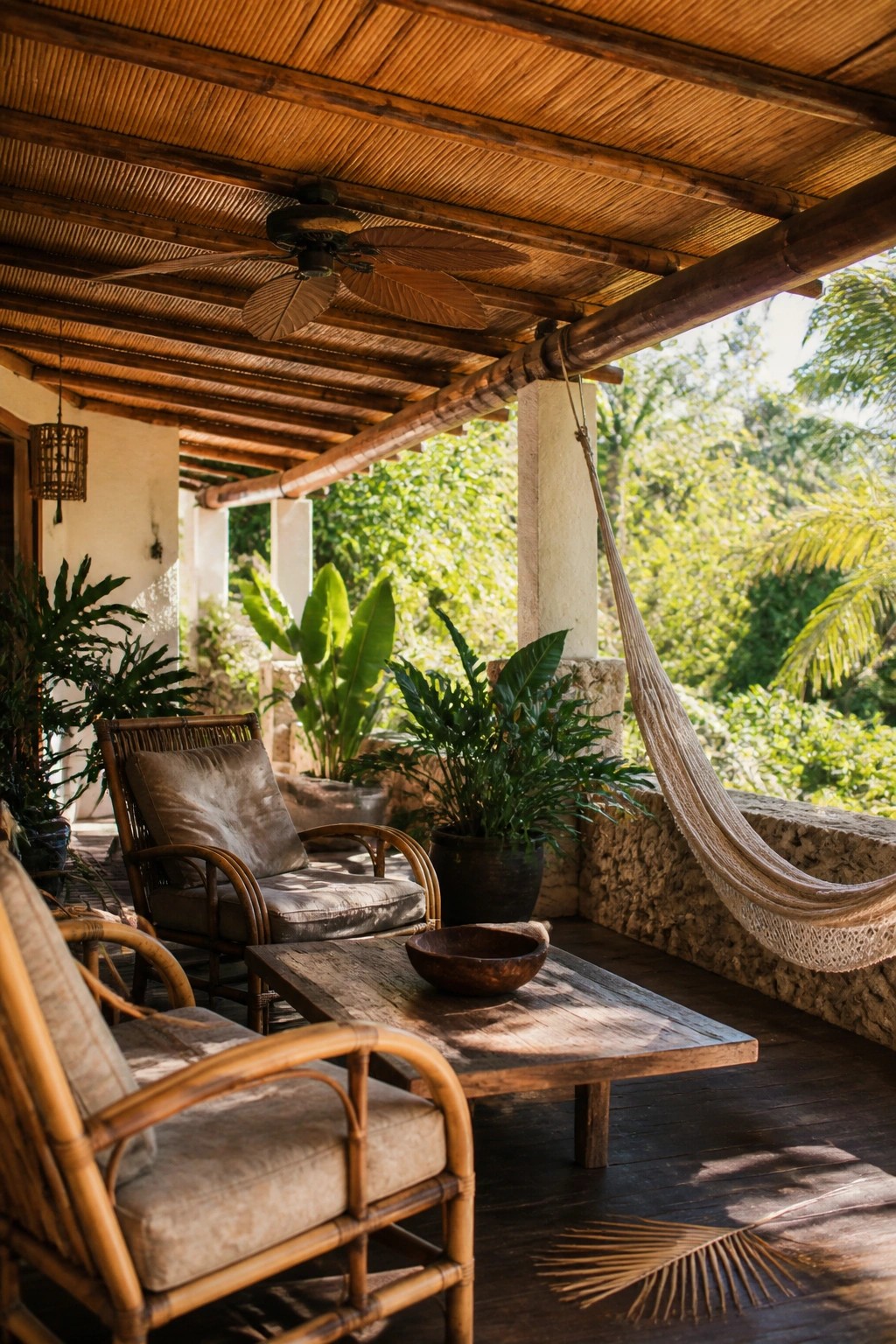 A covered porch with a bamboo ceiling, rattan seating, a wooden table, a hanging hammock, and potted plants.