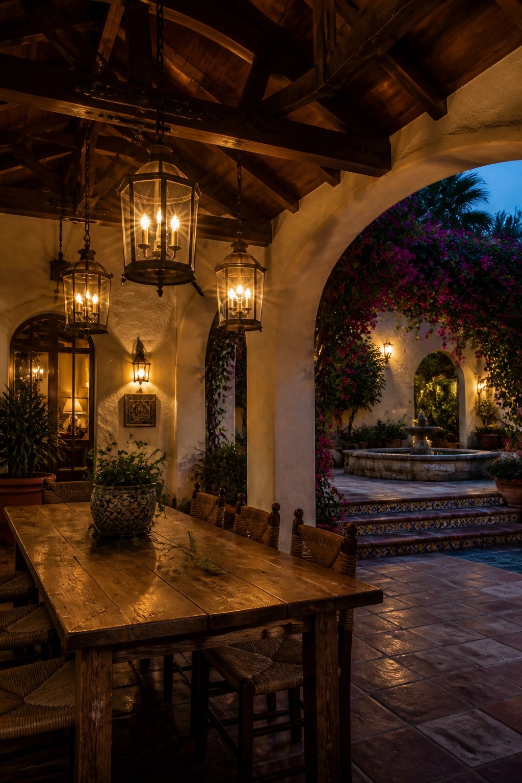 A covered outdoor dining area with a dark wooden beamed ceiling, hanging lanterns, a long rustic table with woven chairs, and a stone fountain visible beyond an archway.
