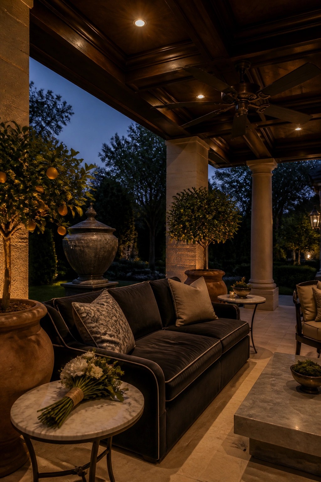 A covered porch at dusk with a dark wood paneled ceiling, ceiling fan, dark sofa, marble tables, potted trees, and a stone column.