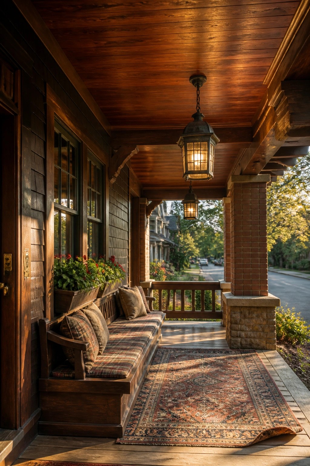 A wooden front porch with a dark stained plank ceiling, a wooden bench with cushions, hanging lanterns, and a patterned rug on the floor.