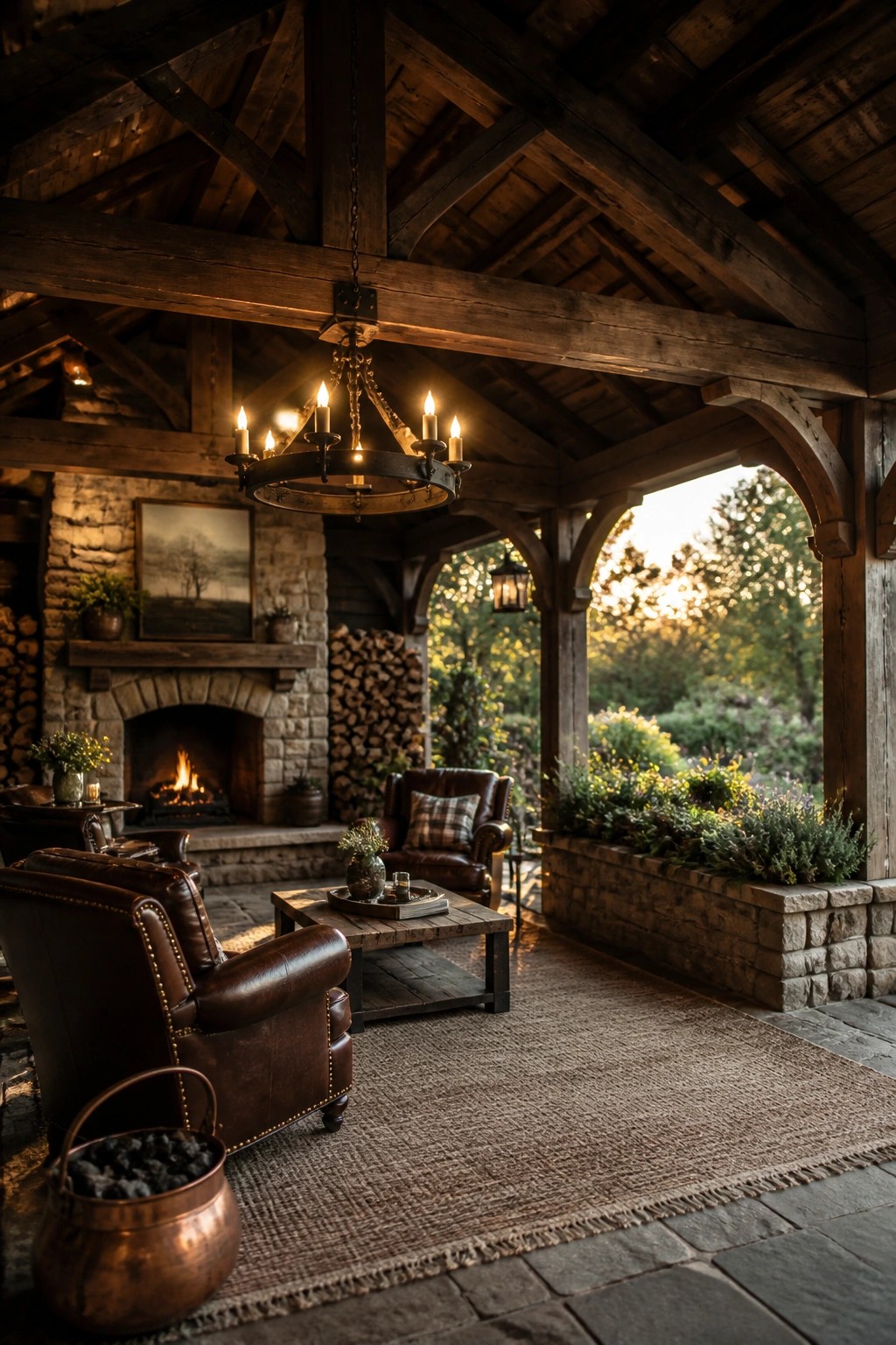A covered wooden porch with exposed dark beams, a stone fireplace, leather seating, and a chandelier, opening to a garden view.