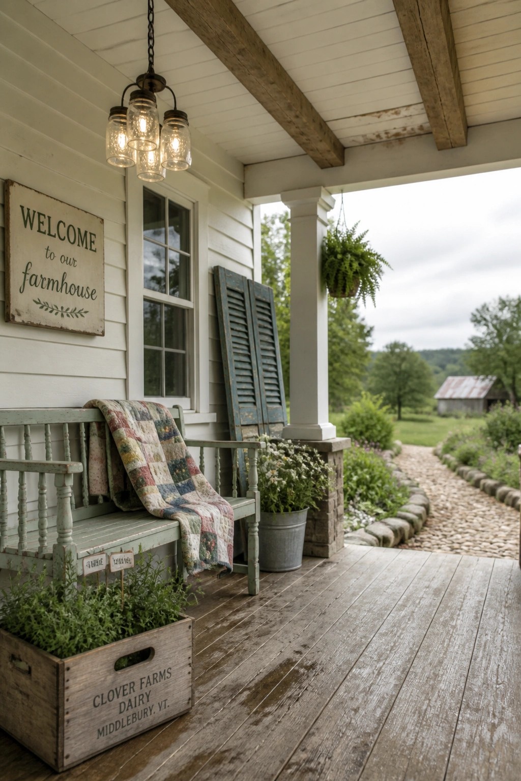 A farmhouse porch with a white plank ceiling, exposed wooden beams, a hanging mason jar light fixture, and a weathered green bench holding a patchwork quilt.