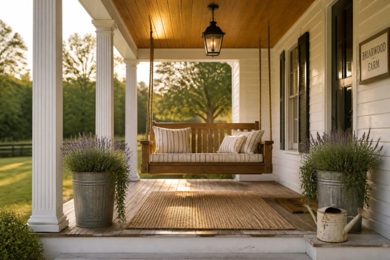 18 Gorgeous Wood Porch Ceiling Ideas That Elevate Curb Appeal A wooden porch ceiling with exposed planks, a hanging lantern, a wooden swing with striped cushions, and potted lavender plants on either side.