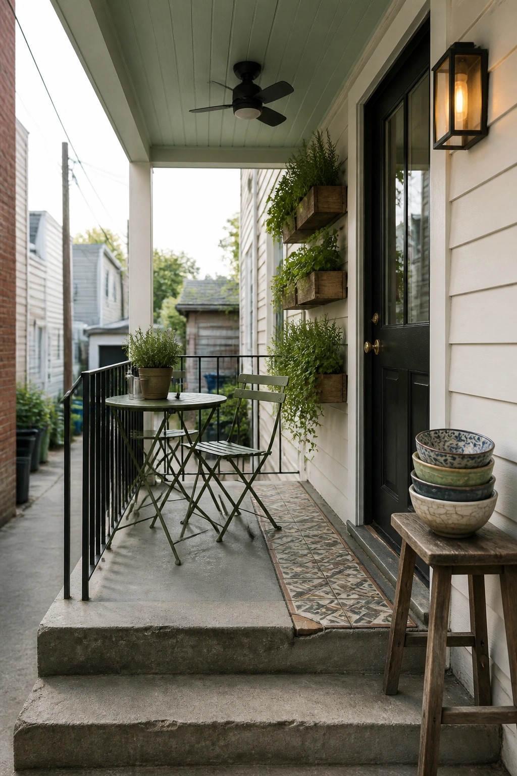 Cozy porch with green bistro table, black door, plant boxes, and wooden stool.