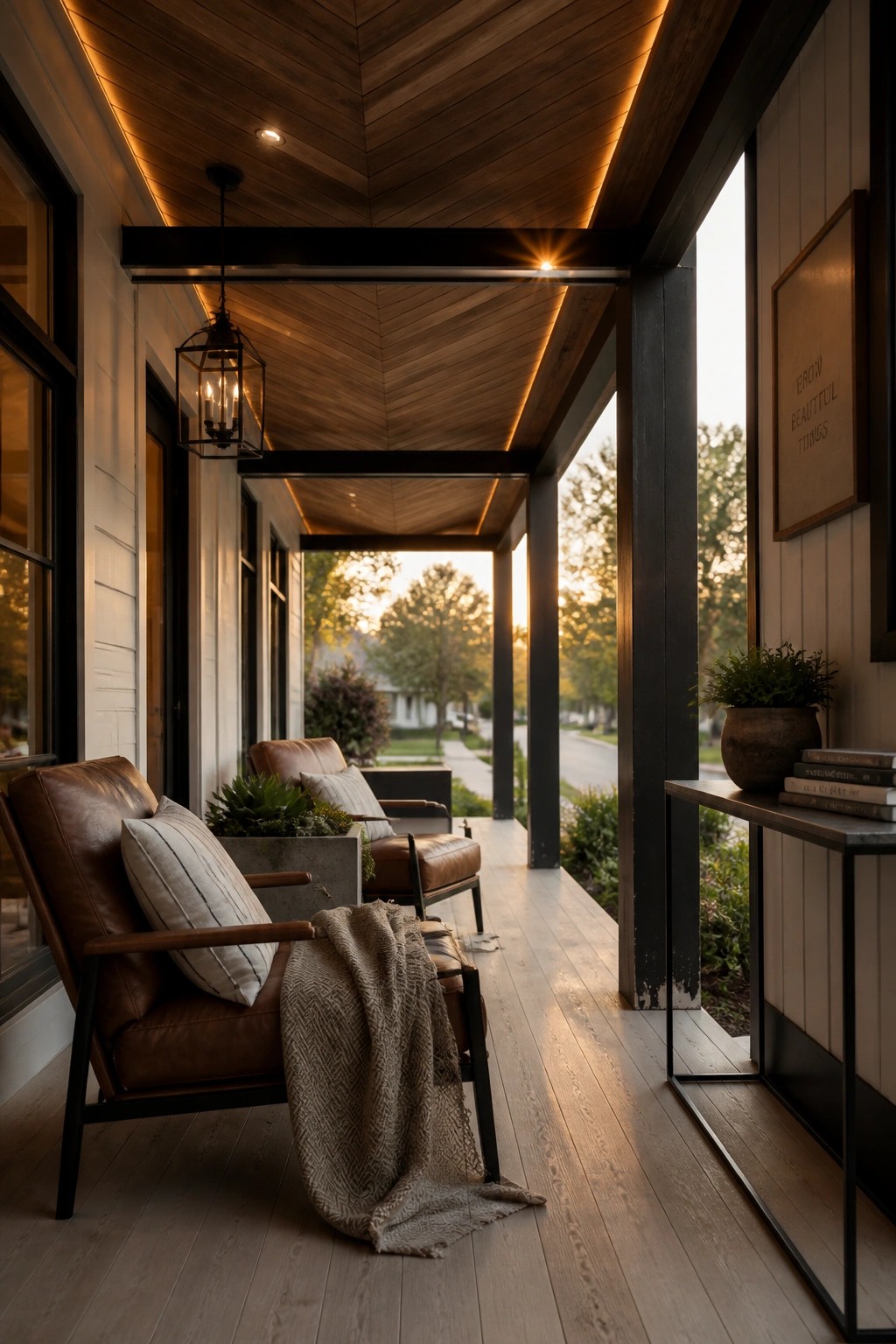 A covered porch with a herringbone wood ceiling, black metal beams, leather seating, and a console table along the right wall.