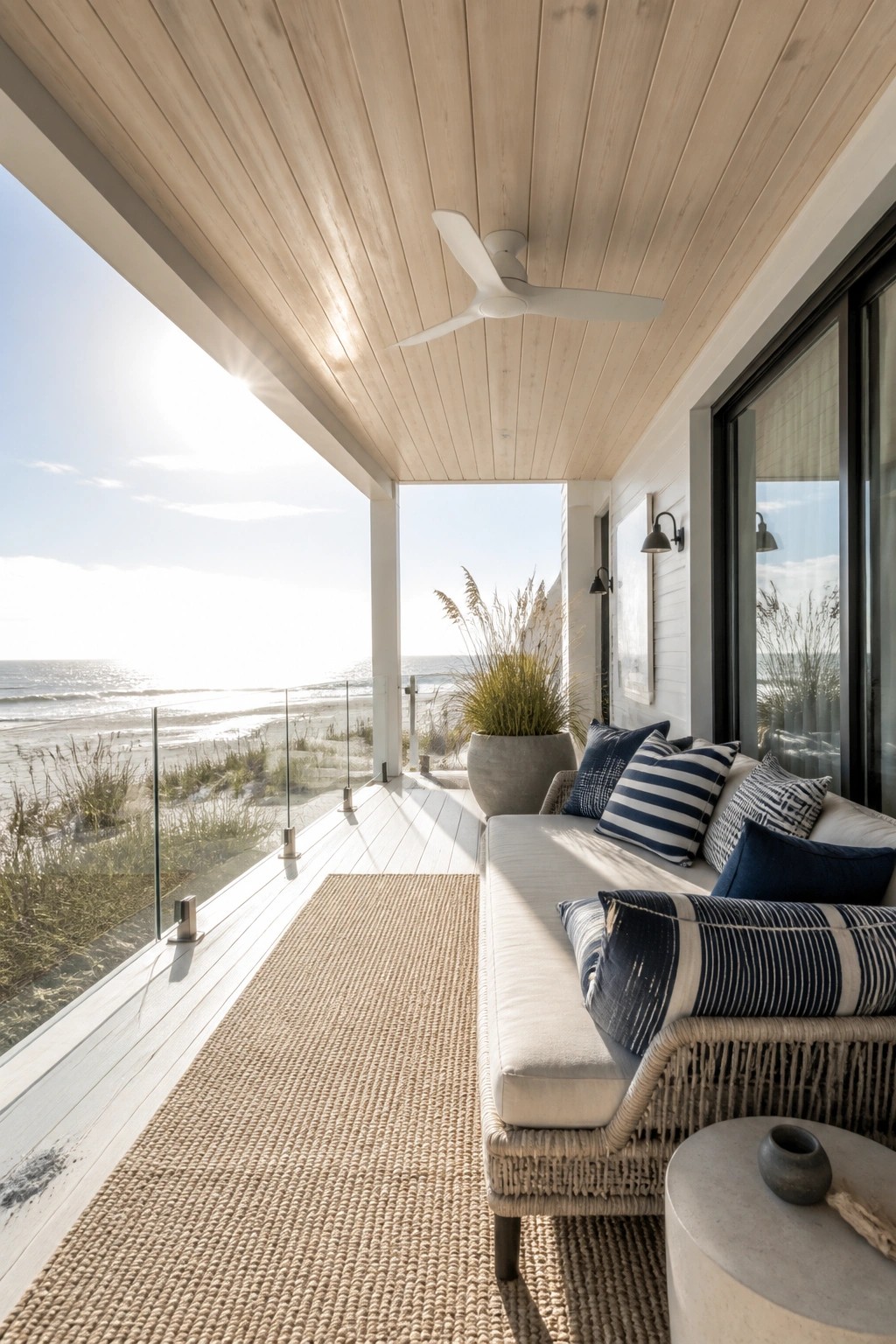 A covered porch with a light wood ceiling, white ceiling fan, and outdoor sofa overlooking the ocean.