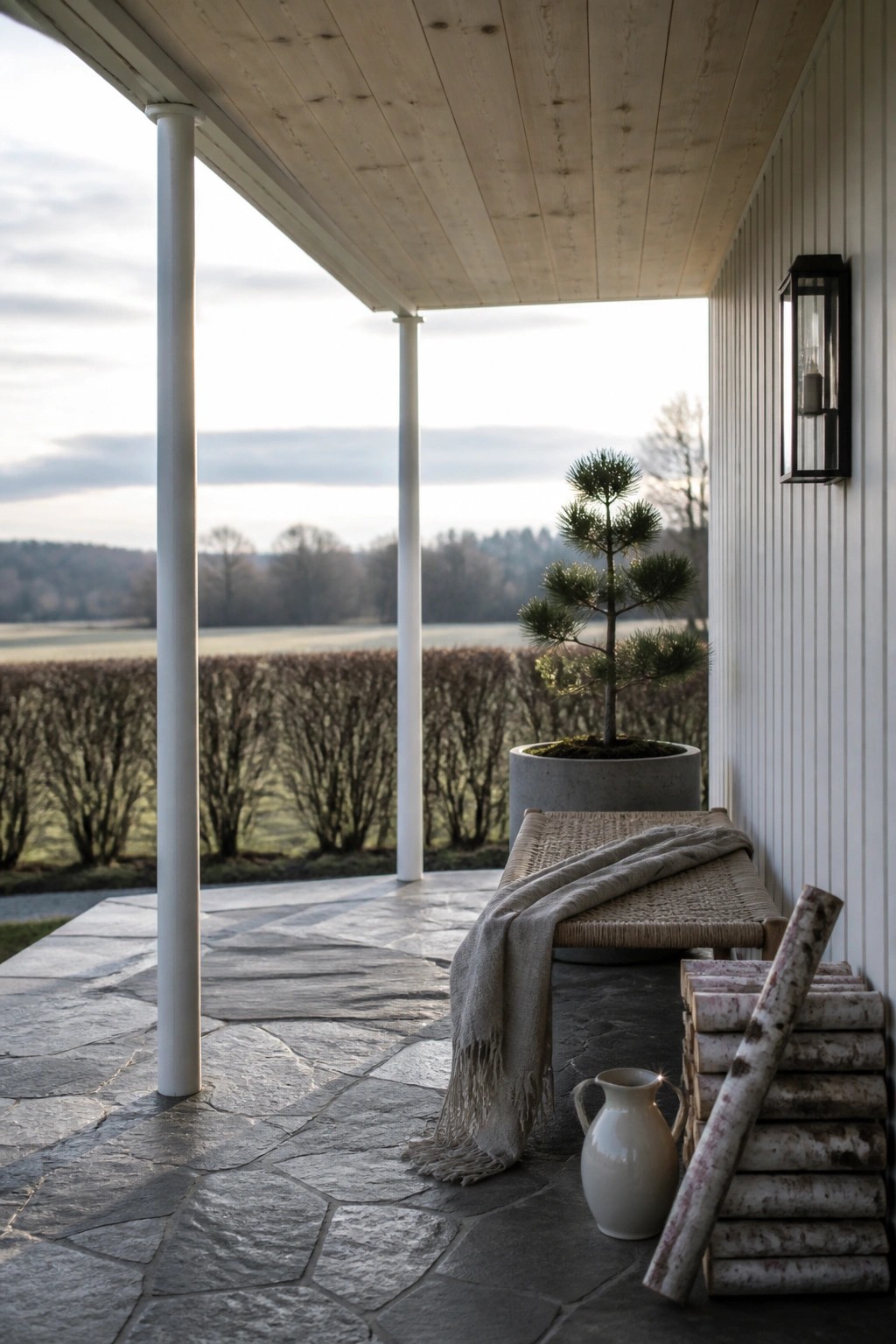 A covered porch with a light wood plank ceiling, white support columns, and a stone floor, featuring a woven bench, potted tree, and stacked firewood.