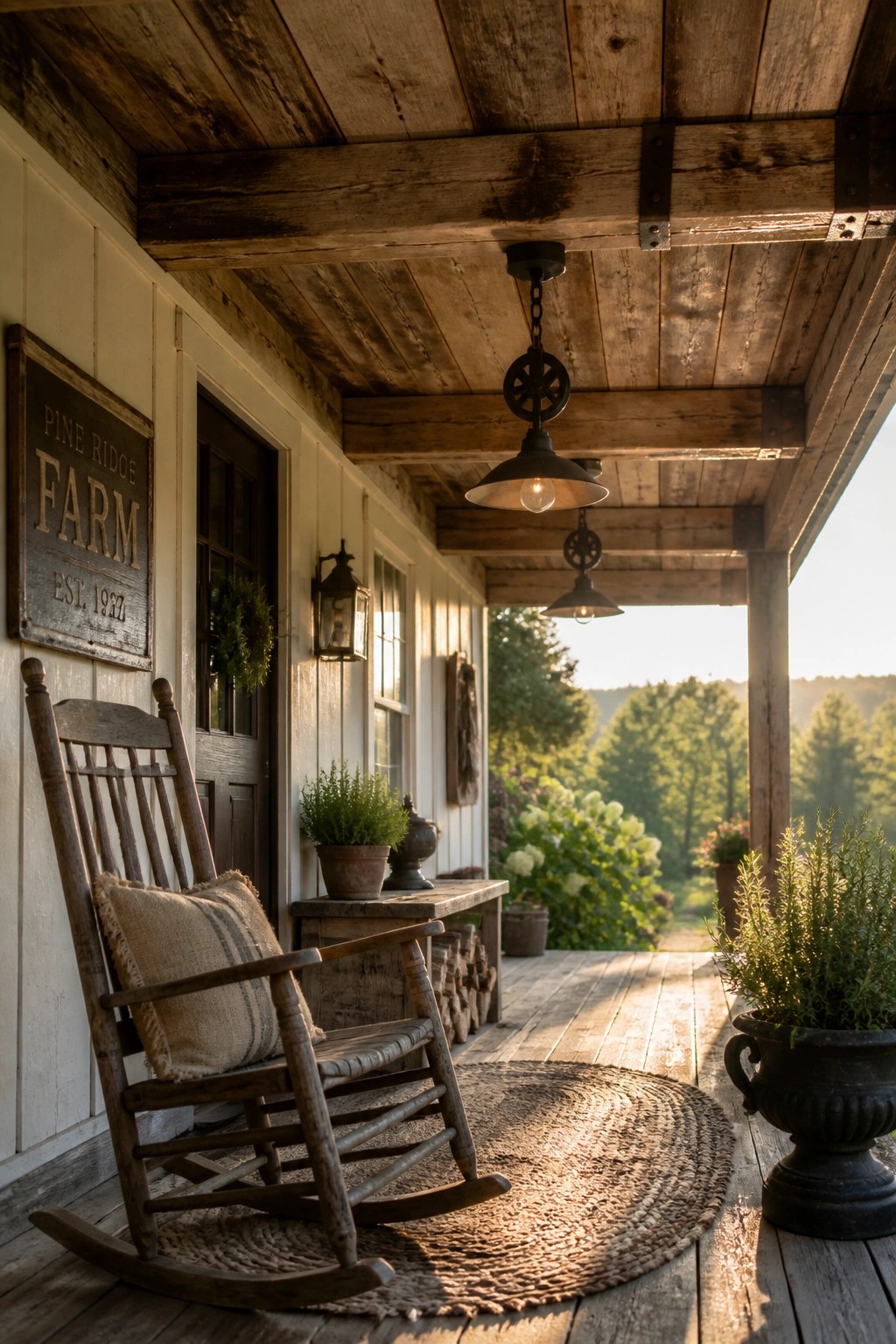 A wooden front porch with exposed ceiling beams, a rocking chair on a round rug, hanging pendant lights, and potted plants along the railing.