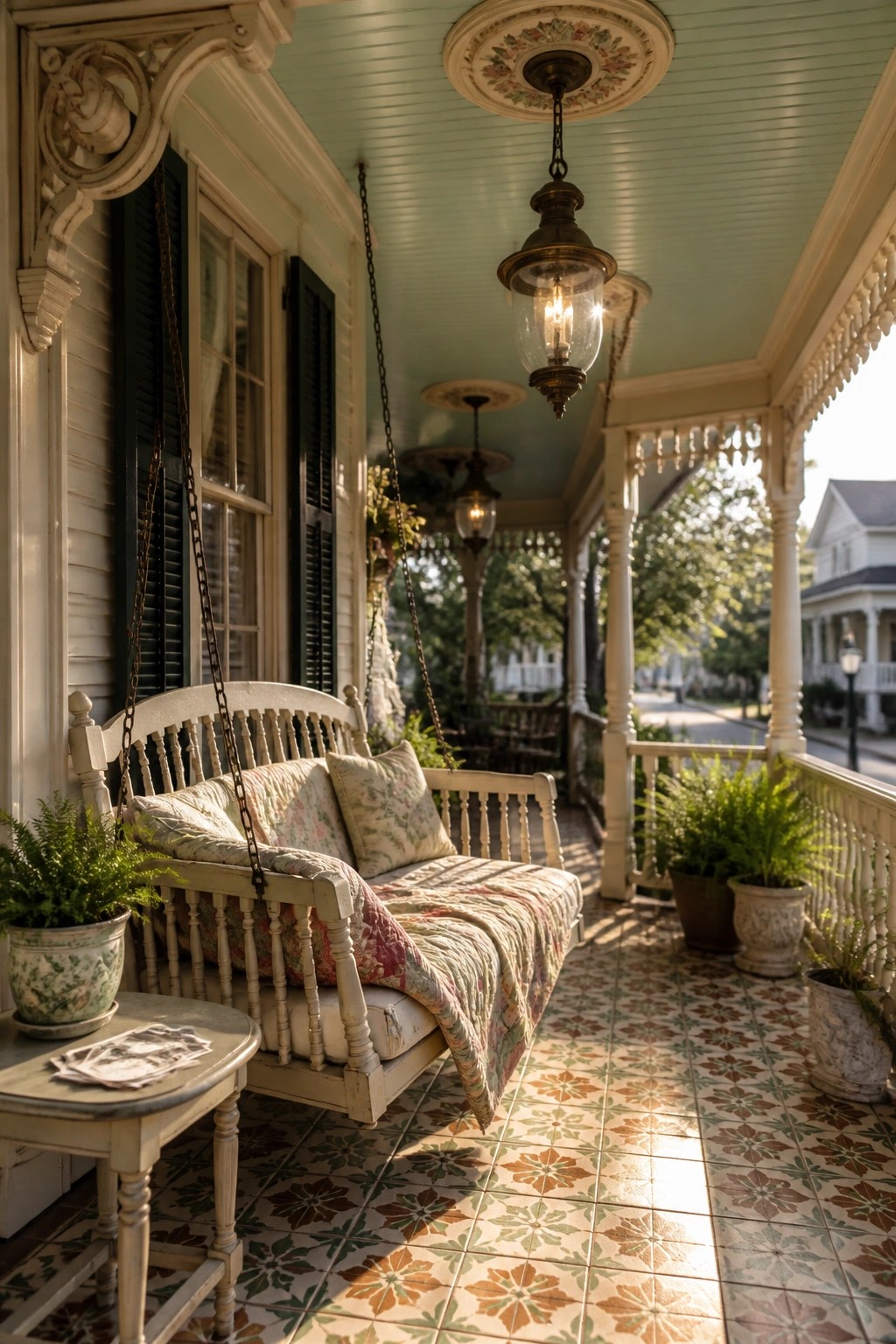 White porch swing with floral quilt on sunlit patterned tile floor beside hanging lantern