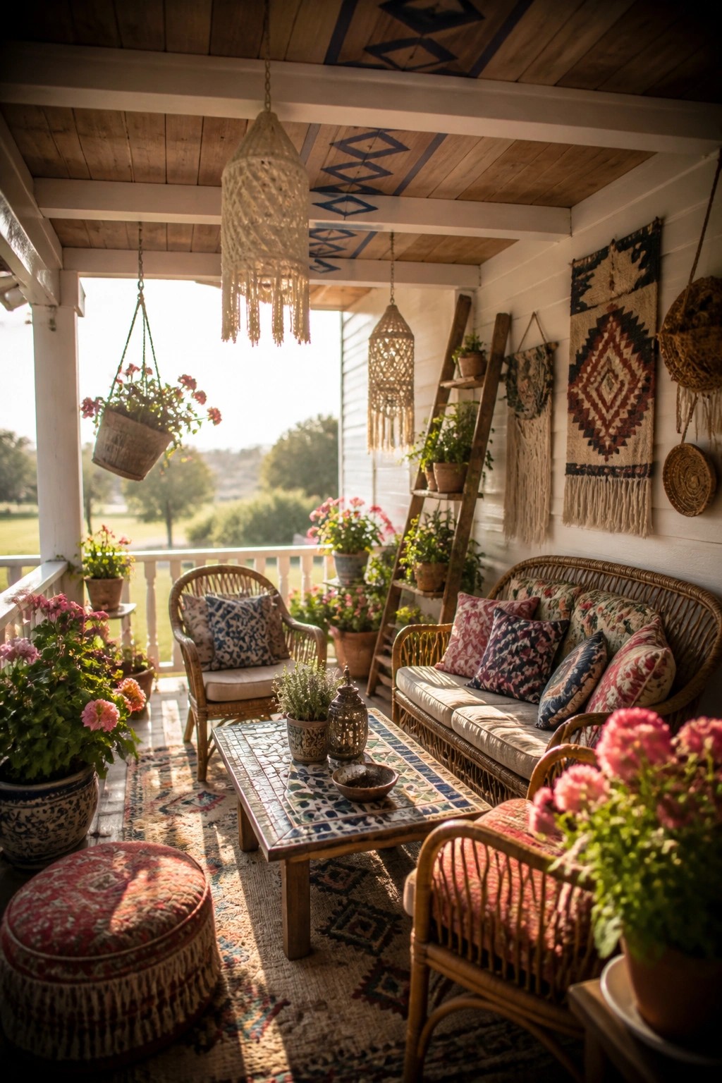 A wooden porch ceiling featuring blue geometric patterns over a seating area with wicker furniture, patterned cushions, and potted flowers.