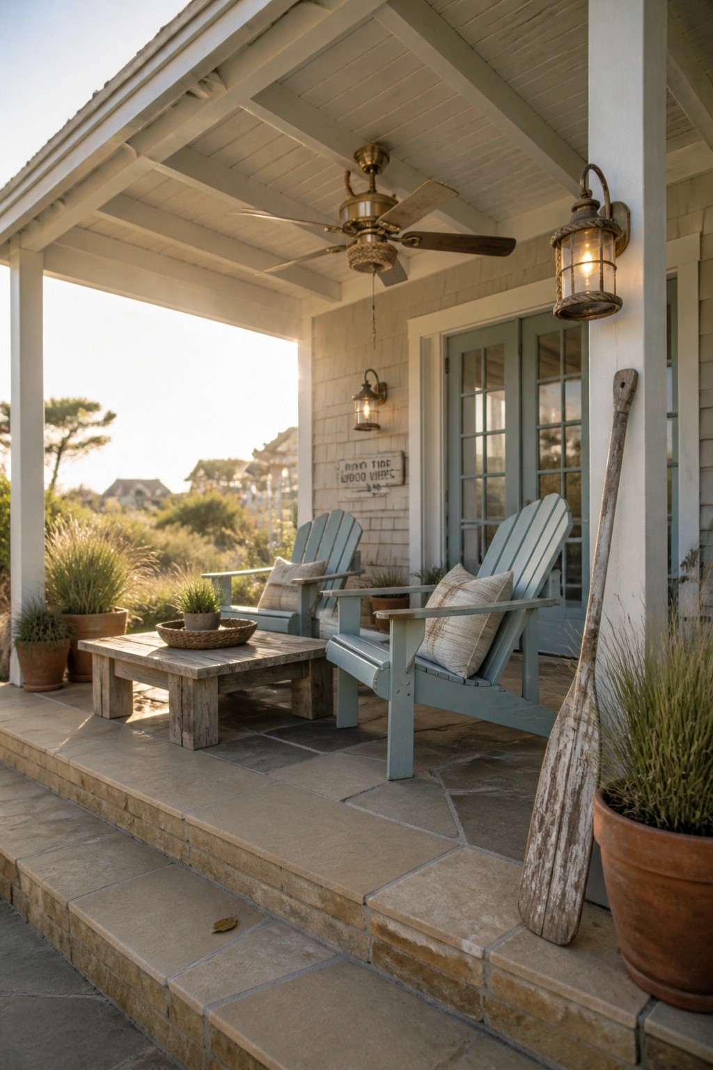 Cozy porch with blue Adirondack chairs, wooden table, ceiling fan, and plants
