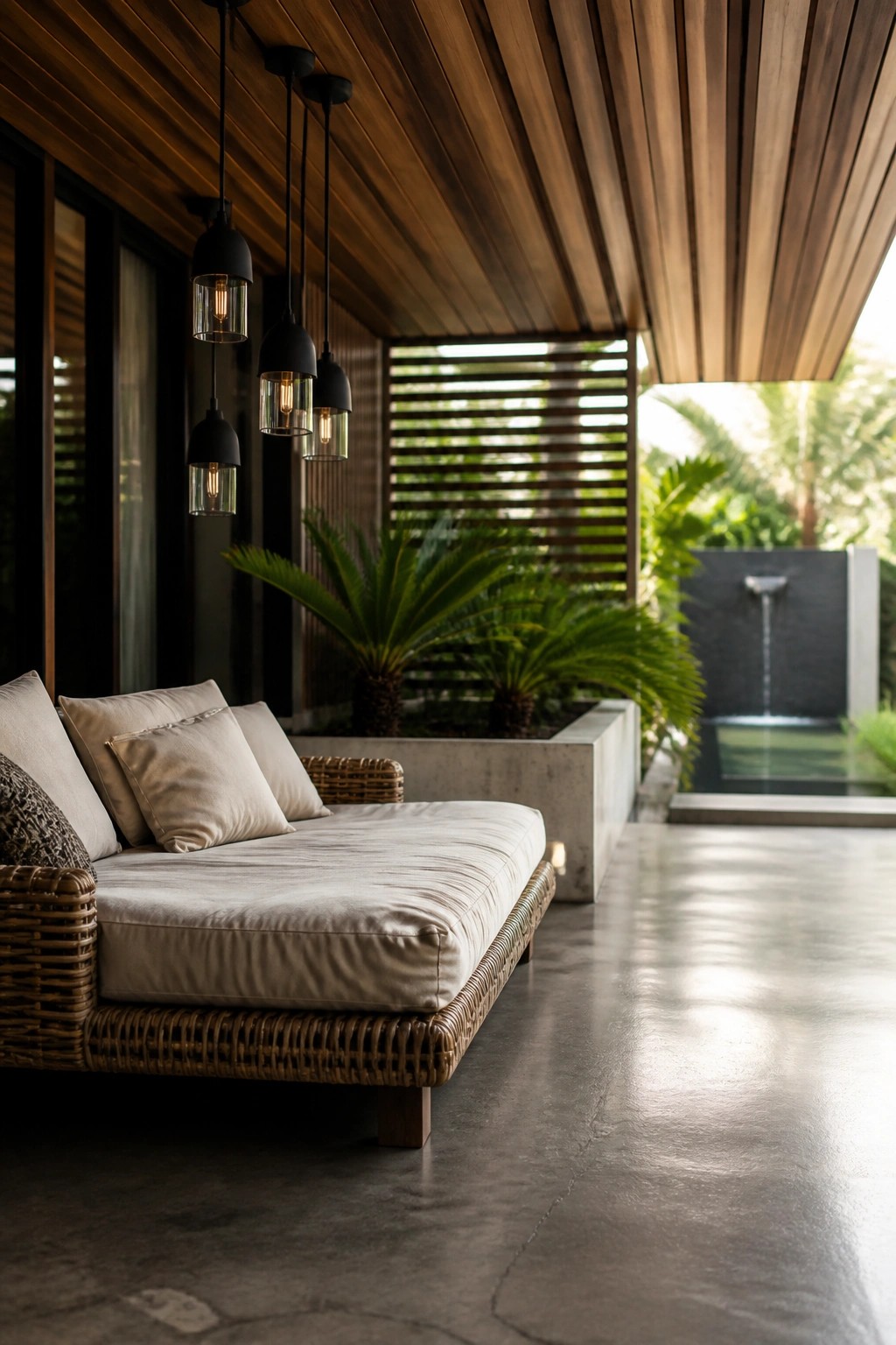 A covered outdoor seating area with a slatted wood ceiling, black pendant lights, a cushioned daybed, and a garden view beyond.