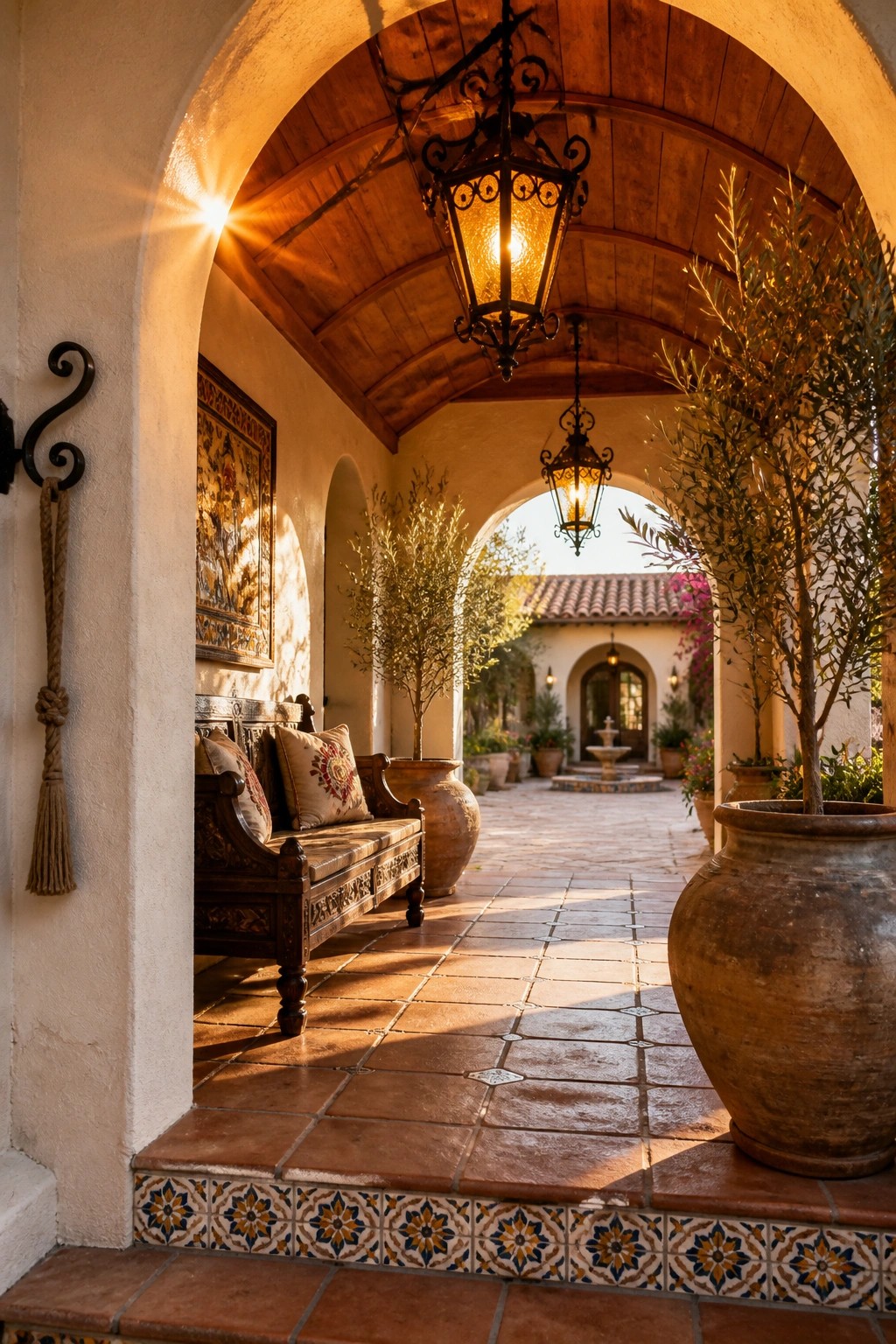 Covered arched walkway with a wooden ceiling, hanging lanterns, and terracotta tile floor leading to an outdoor courtyard.