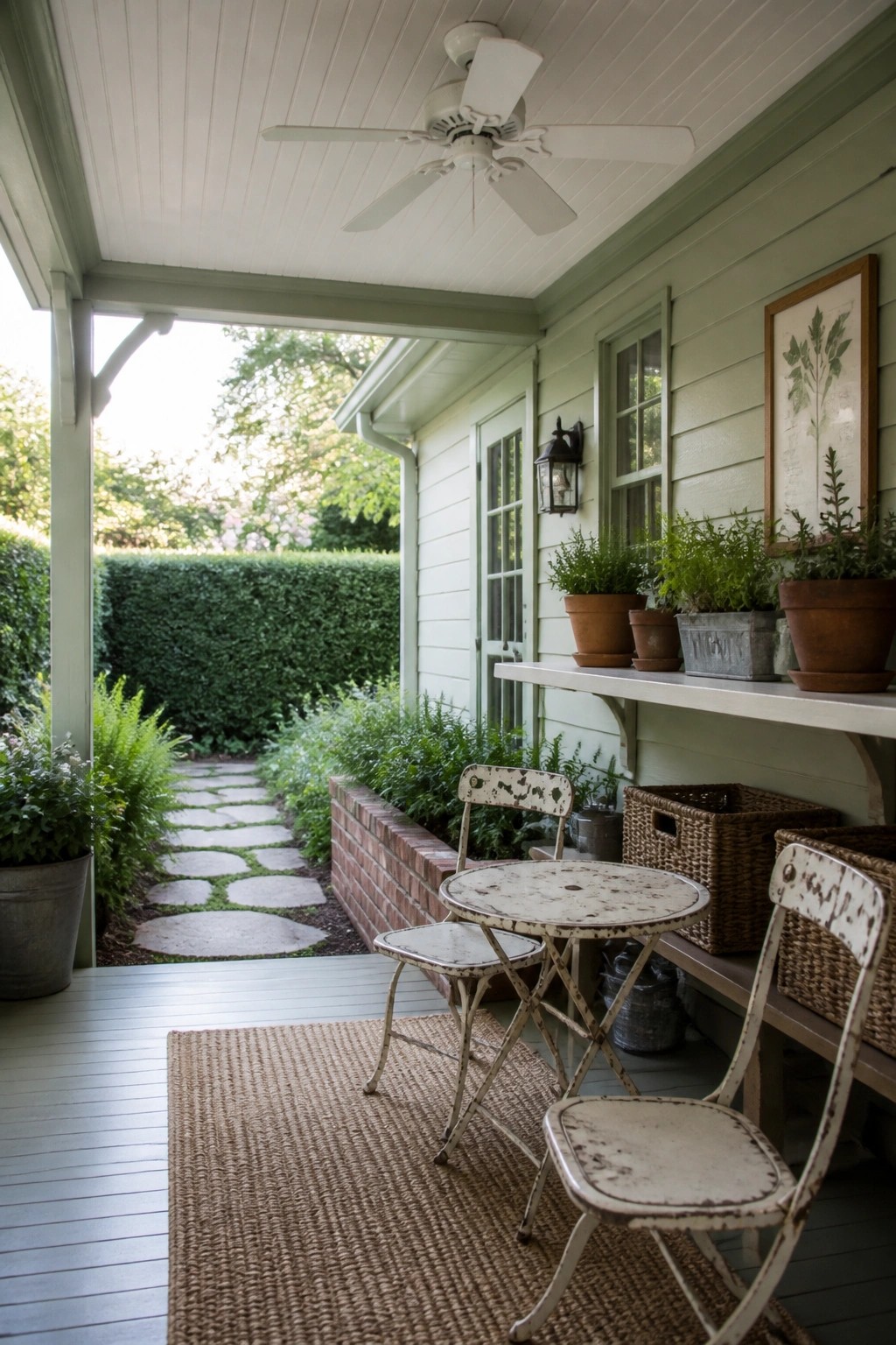 Distressed white bistro set on jute rug in shaded porch with plants and baskets