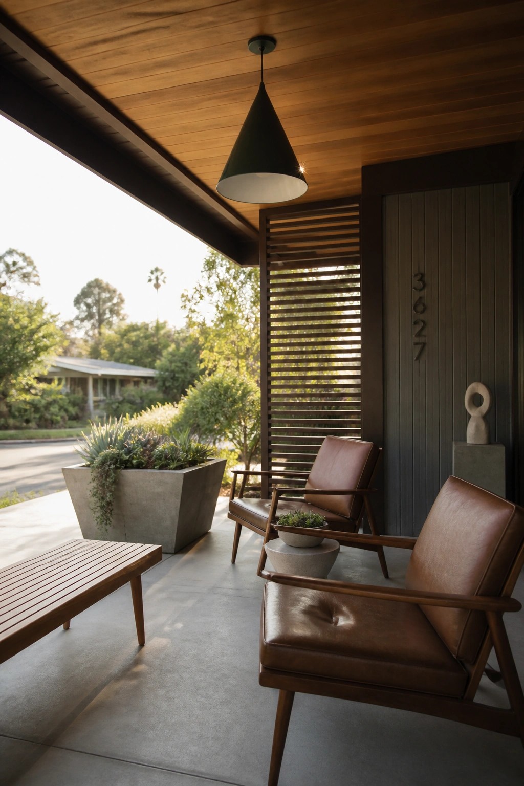 A covered porch with horizontal wood ceiling planks, two brown leather armchairs, a wooden bench, a concrete planter with succulents, and a dark green pendant light.