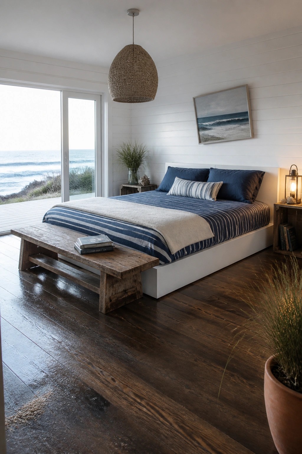 A bedroom featuring dark walnut flooring, a white platform bed with blue striped linens, and a large glass door opening to an ocean view.