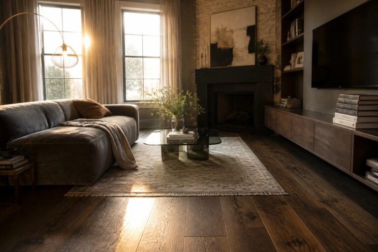 22 Luxurious Walnut Flooring Ideas Centered Around Deep Wood Character A living room interior featuring dark walnut hardwood floors, a gray sectional sofa, a round glass coffee table on a beige rug, and a black fireplace with a large abstract painting above it.