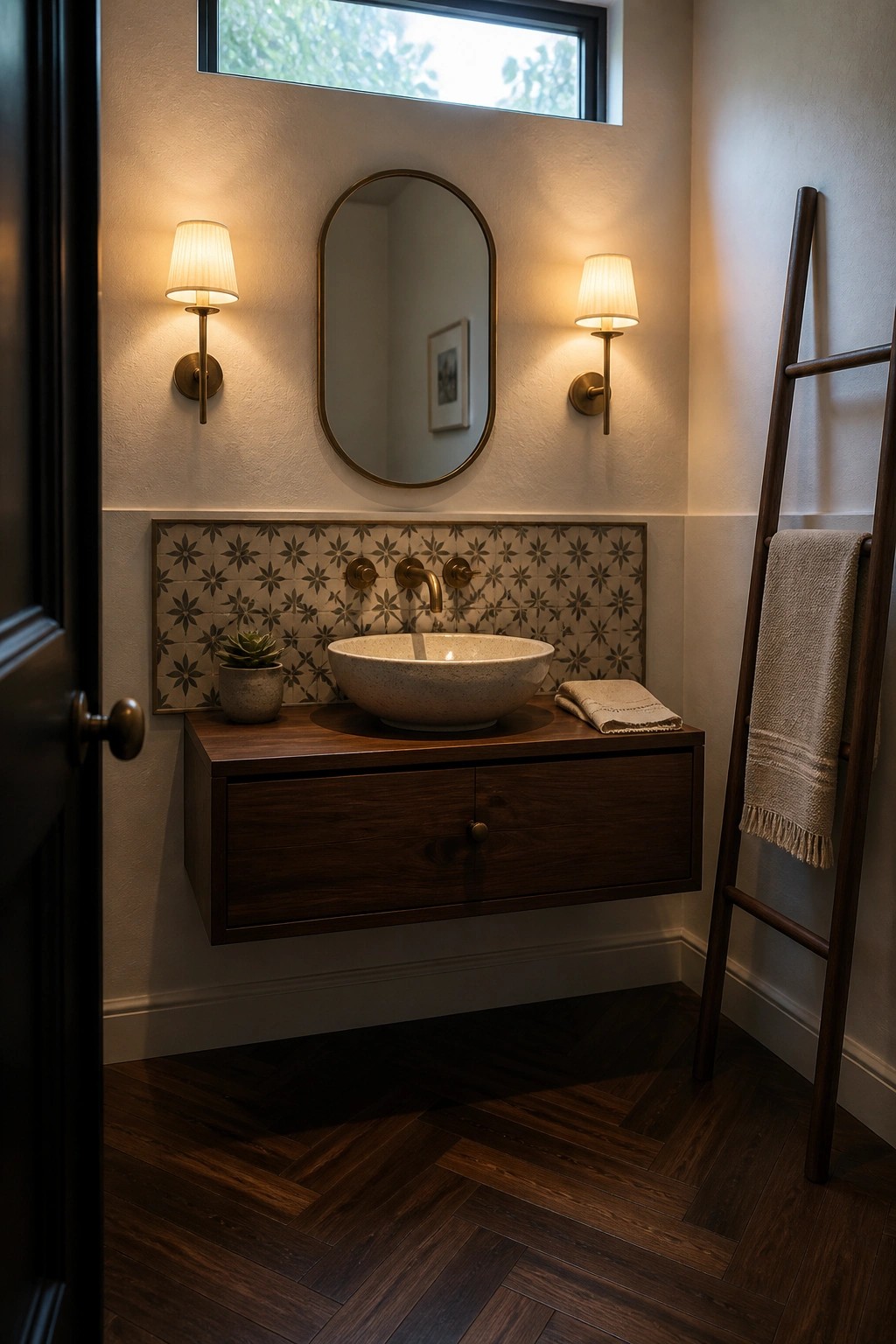 A bathroom interior with dark herringbone walnut flooring, a floating wood vanity with a stone vessel sink, patterned tile backsplash, two wall sconces, an oval mirror, and a wooden ladder holding towels.