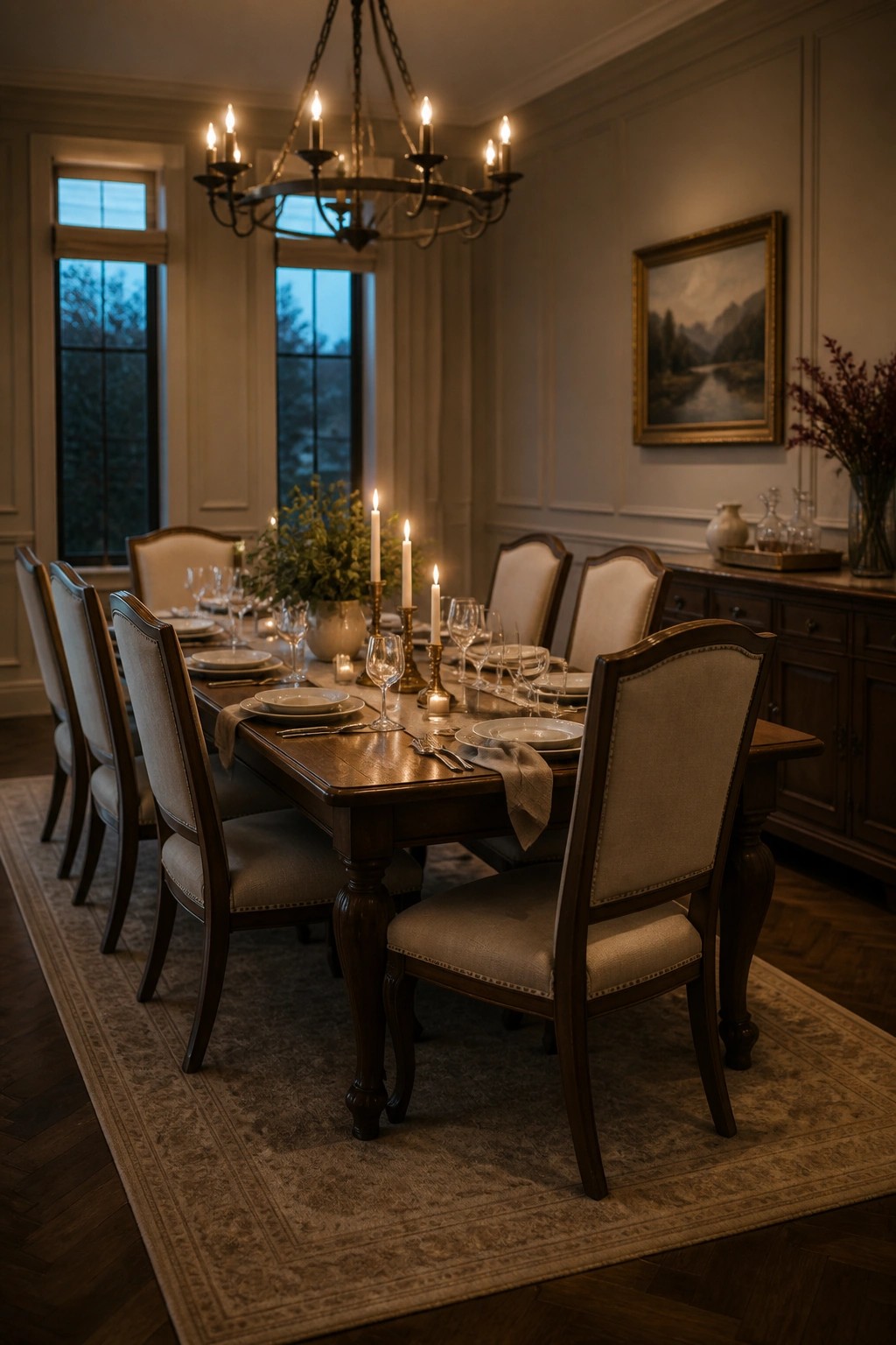A formal dining room featuring a long wooden table set with plates, glasses, and candles, surrounded by upholstered chairs on a large area rug over dark herringbone walnut flooring.