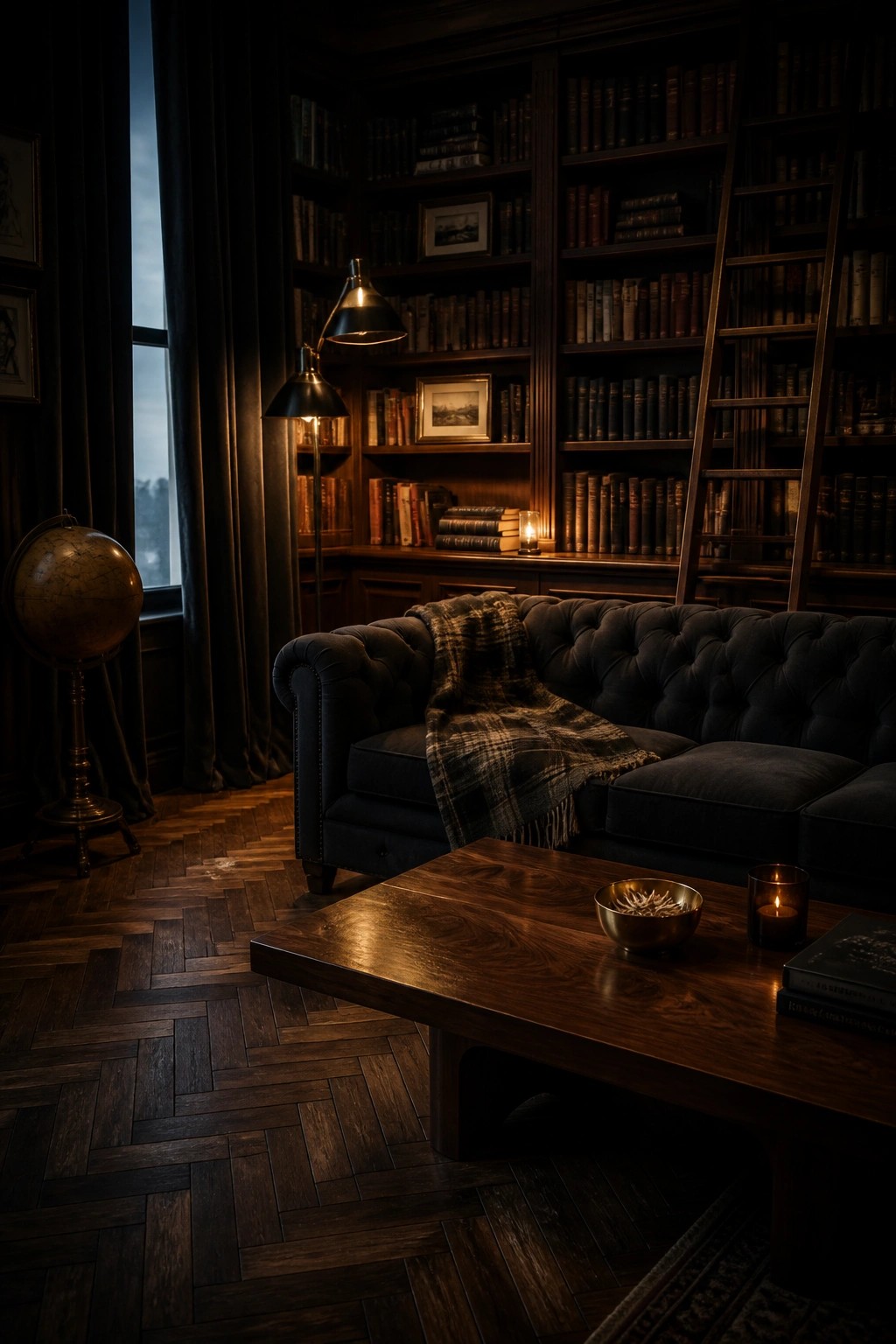 A dark library room with herringbone walnut flooring, a navy tufted sofa, built-in bookshelves, and a wooden coffee table.