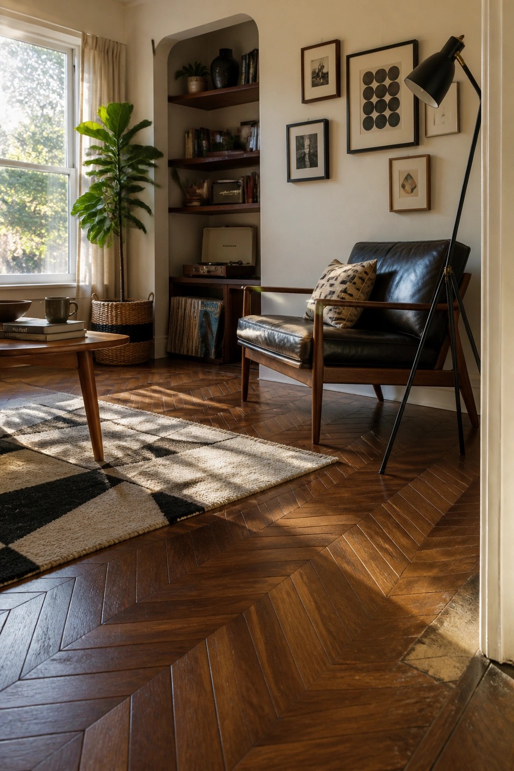 A living room interior featuring dark walnut herringbone flooring, a black leather armchair with a patterned pillow, built-in wooden shelves, and a fiddle leaf fig plant near a window.