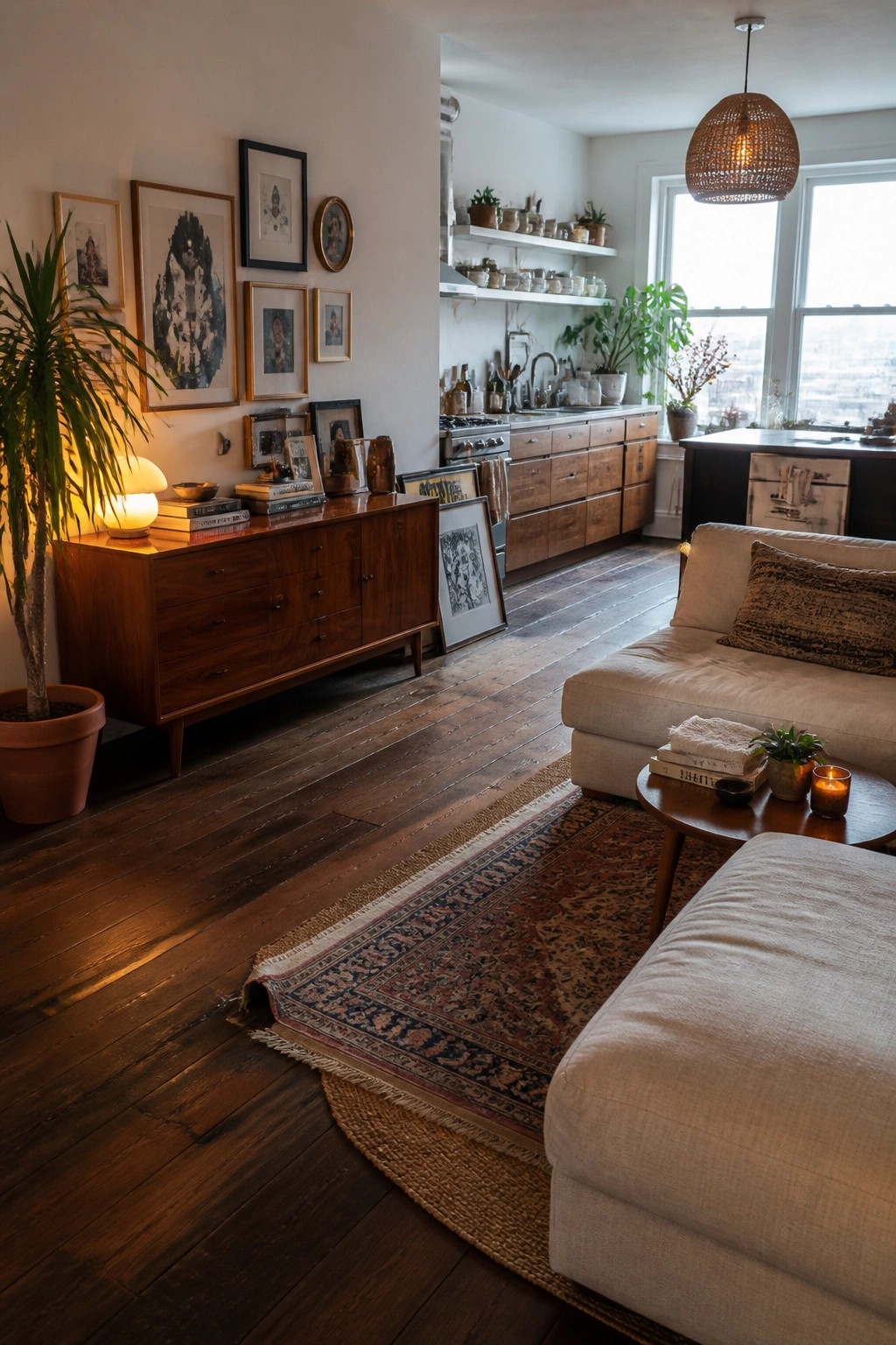 A living room interior showing dark walnut hardwood floors partially covered by layered area rugs, with a wooden credenza, sofa, and large windows in the background.