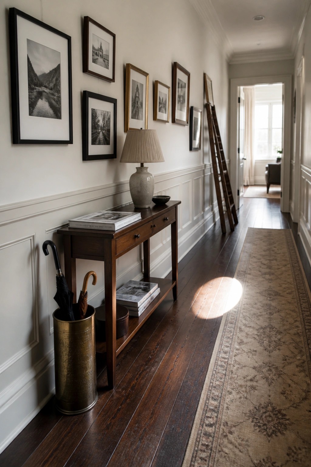 A long interior hallway featuring dark walnut hardwood flooring, a wooden console table with books and a lamp, framed artwork on white walls, and a patterned runner rug with sunlight casting across the floor.