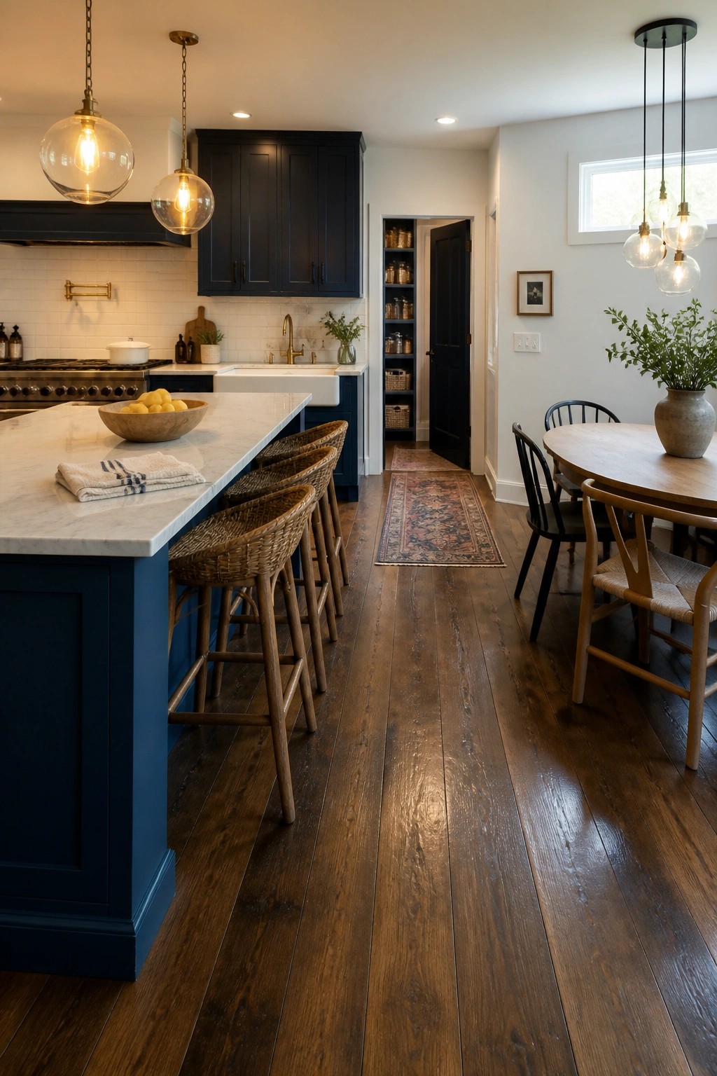 Interior view of a kitchen with dark blue cabinetry, white marble island, woven bar stools, and dark walnut hardwood flooring extending into a dining area with a round table and black chairs.