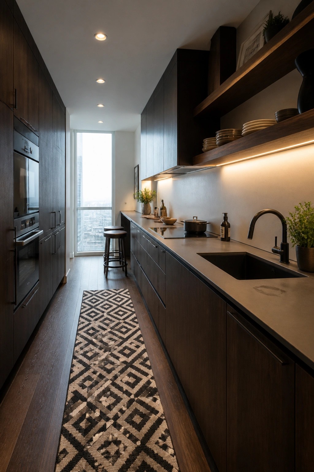 A narrow modern kitchen with dark walnut flooring, matching cabinetry, a long patterned runner, and a black sink under floating shelves.