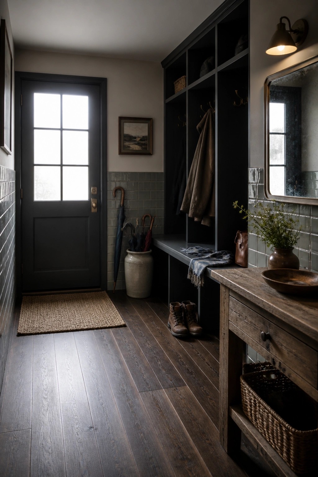 A narrow interior entryway featuring dark walnut flooring, black built-in cubbies with hooks, a gray paneled door, and scattered items including boots and umbrellas.