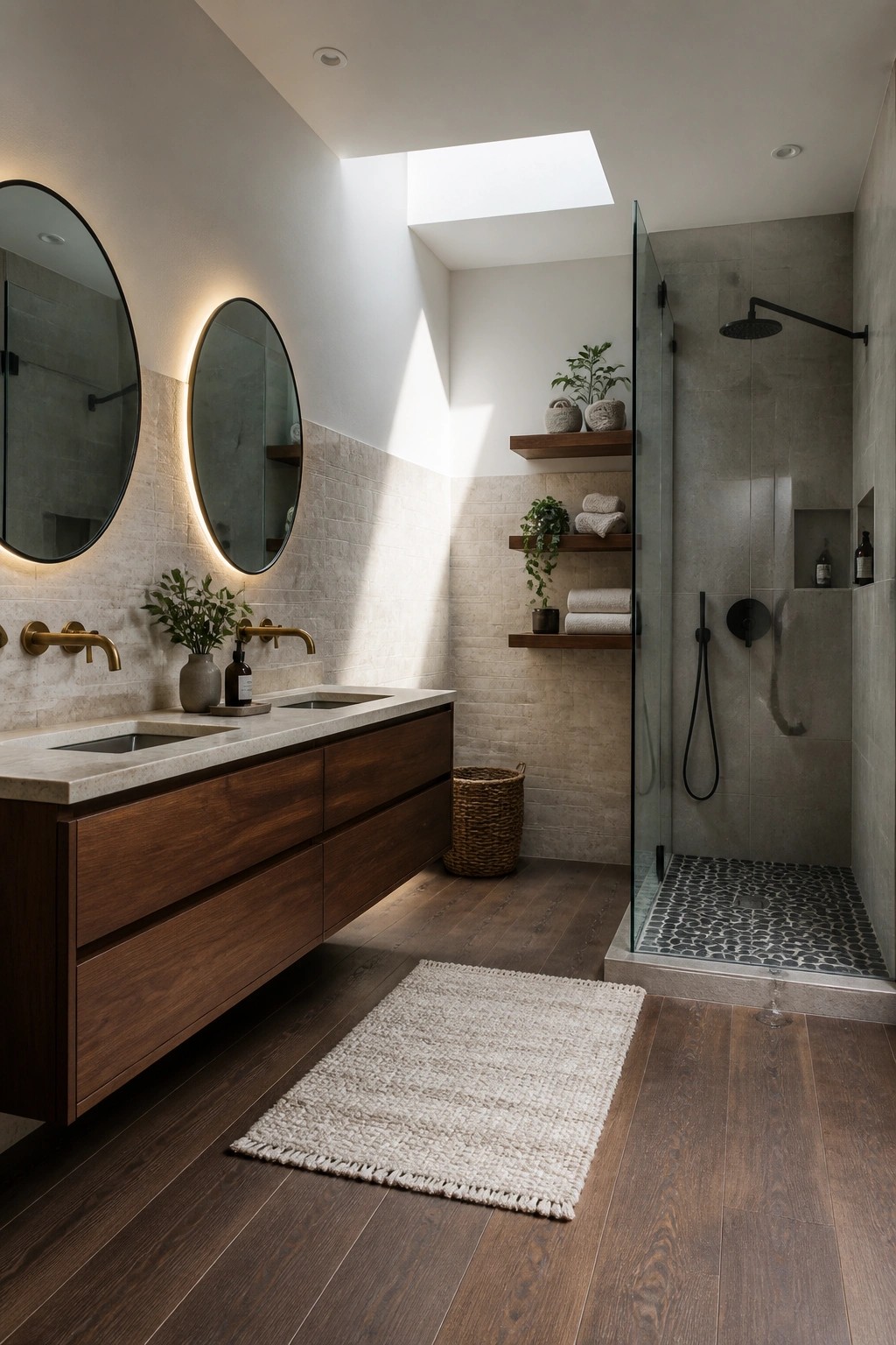 A modern bathroom with dark walnut flooring, a floating wood vanity with two sinks, round backlit mirrors, and a glass-enclosed shower with pebble tile floor.