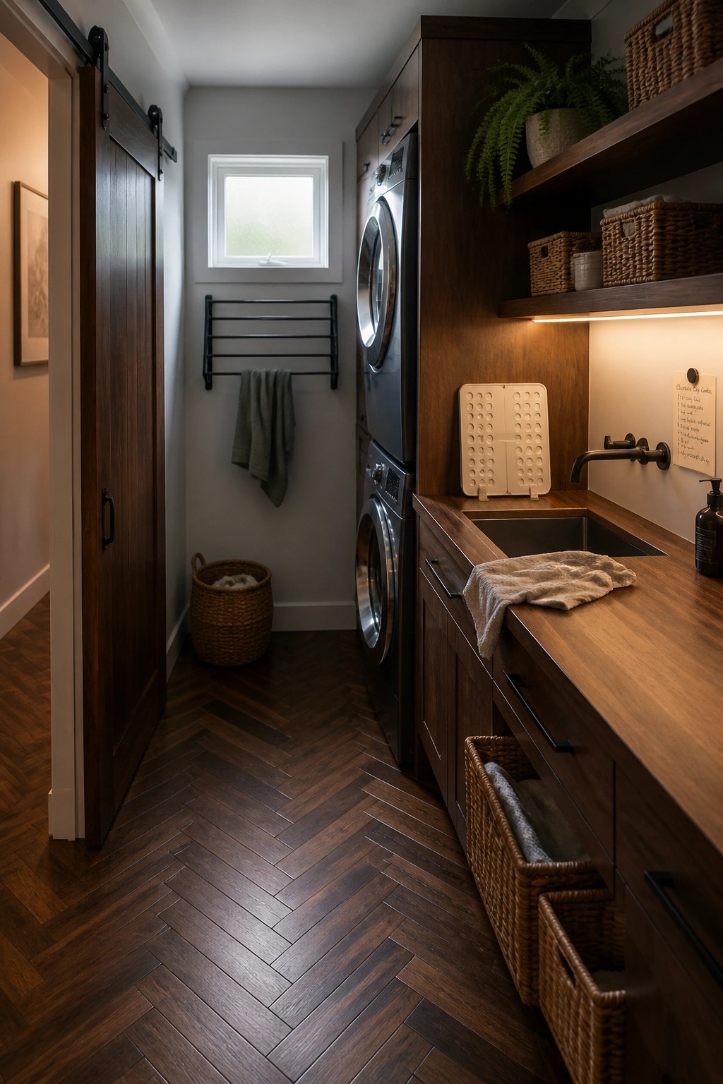 Narrow laundry room with dark wood cabinets, stacked washer dryer, sink and baskets