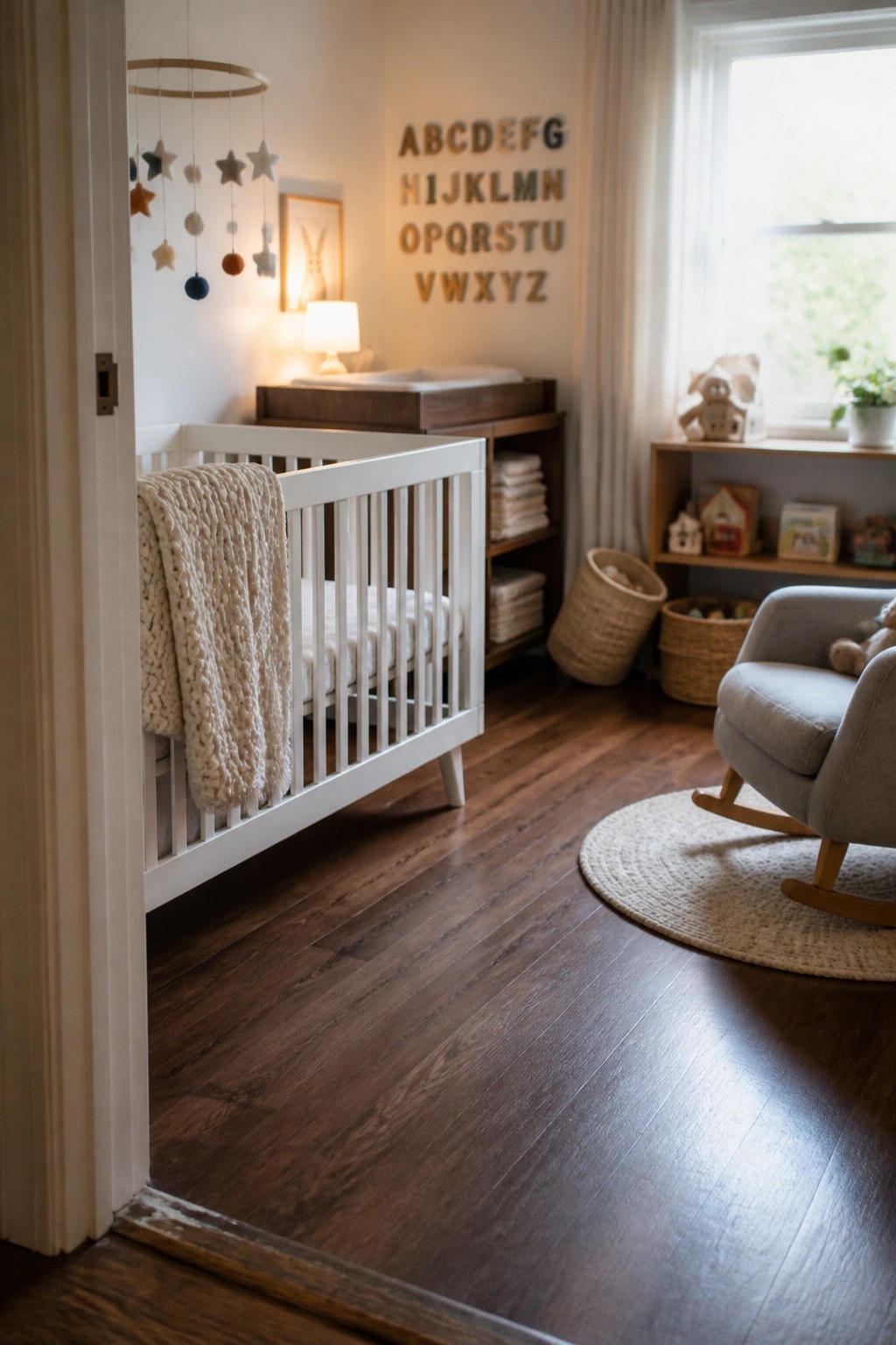 A nursery interior with a white crib on dark wood flooring, a hanging mobile, and wooden alphabet letters on the wall.