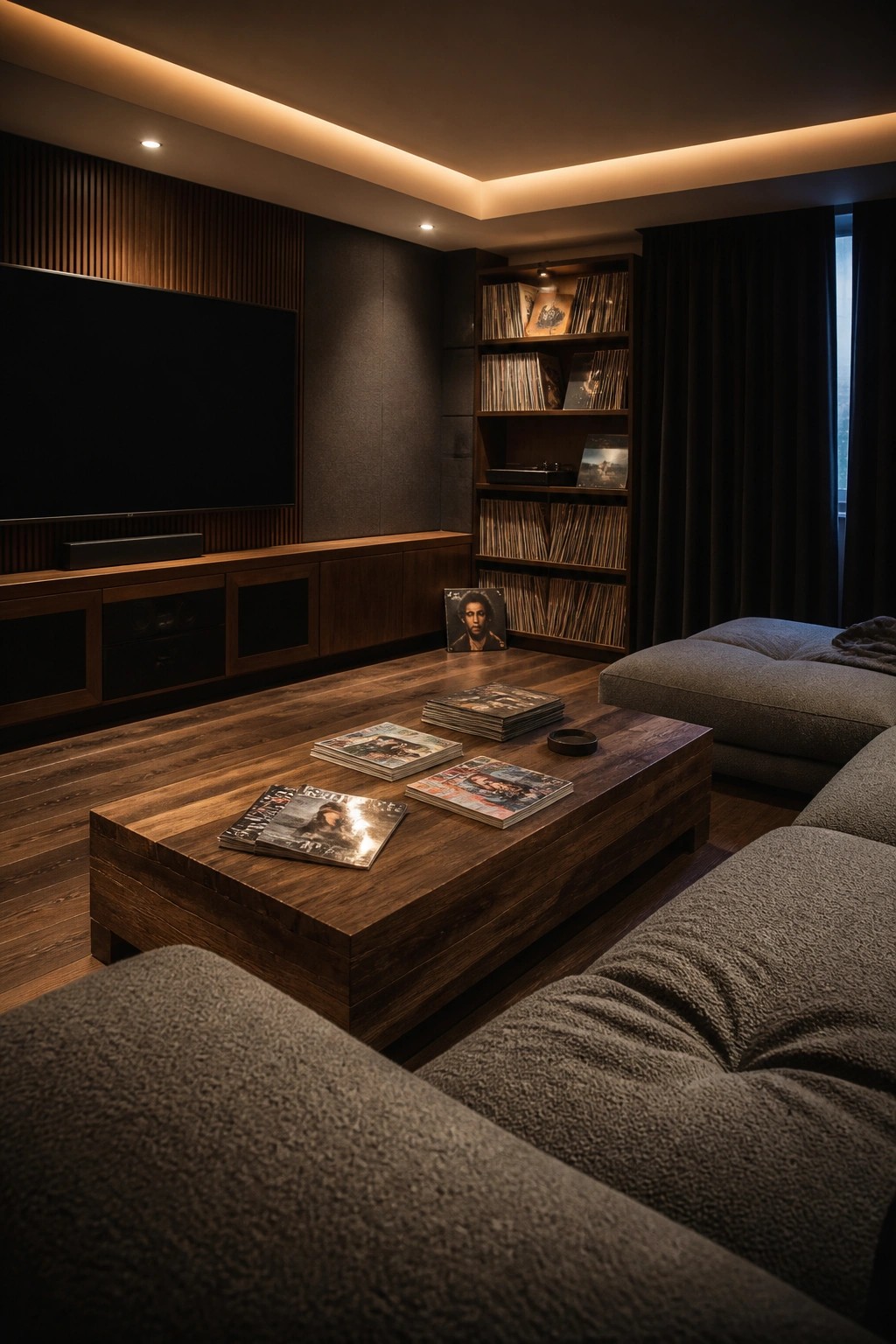 A dimly lit media room featuring dark walnut flooring, a large wood coffee table with stacked magazines, built-in record shelves, a wall-mounted TV, and a gray sectional sofa.
