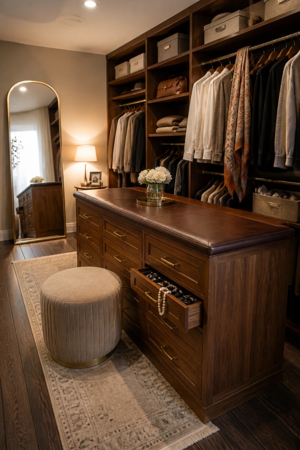 A walk-in closet with dark walnut cabinetry, a central island with an open jewelry drawer, clothing racks, a round upholstered ottoman on a rug, and dark wood flooring.