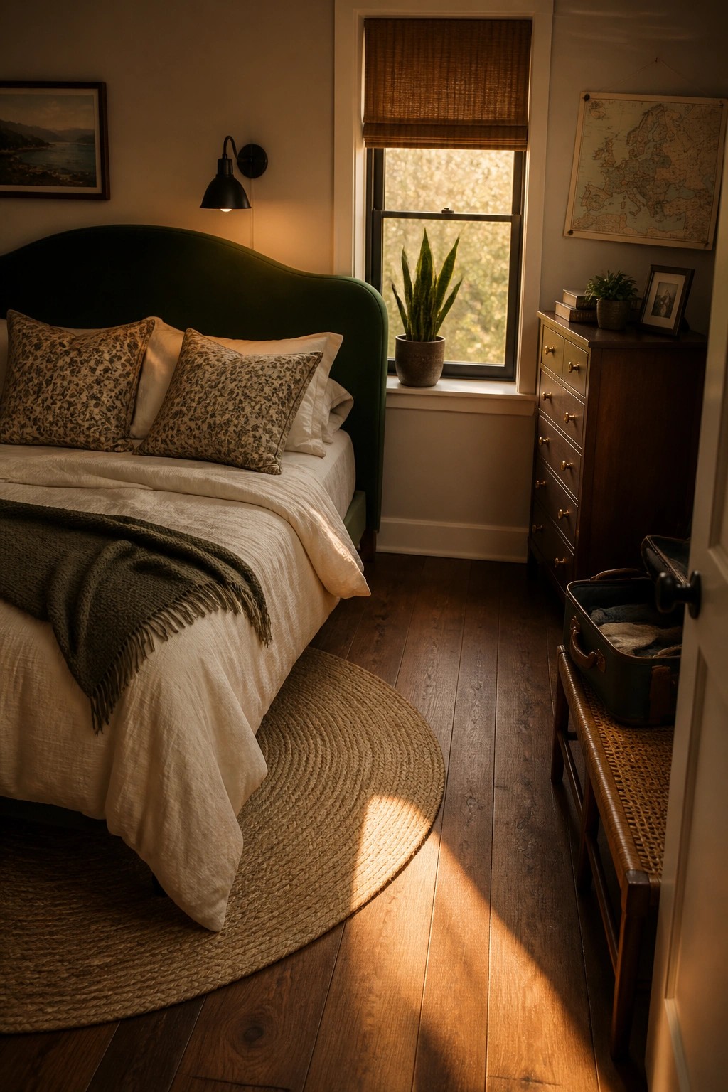 A bedroom interior featuring dark walnut hardwood flooring, a bed with a curved green headboard, white bedding, and a round woven rug, with sunlight streaming across the floor from a window.