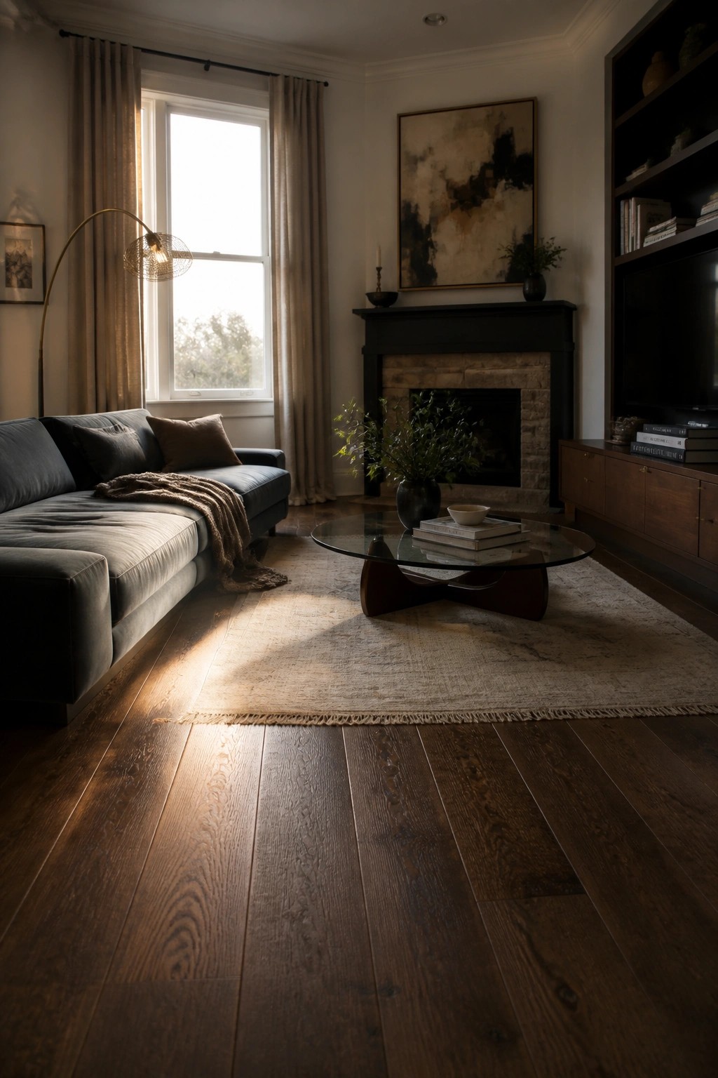 A living room interior featuring dark walnut hardwood floors, a gray sectional sofa, a round glass coffee table on a beige rug, and a black fireplace with a large abstract painting above it.