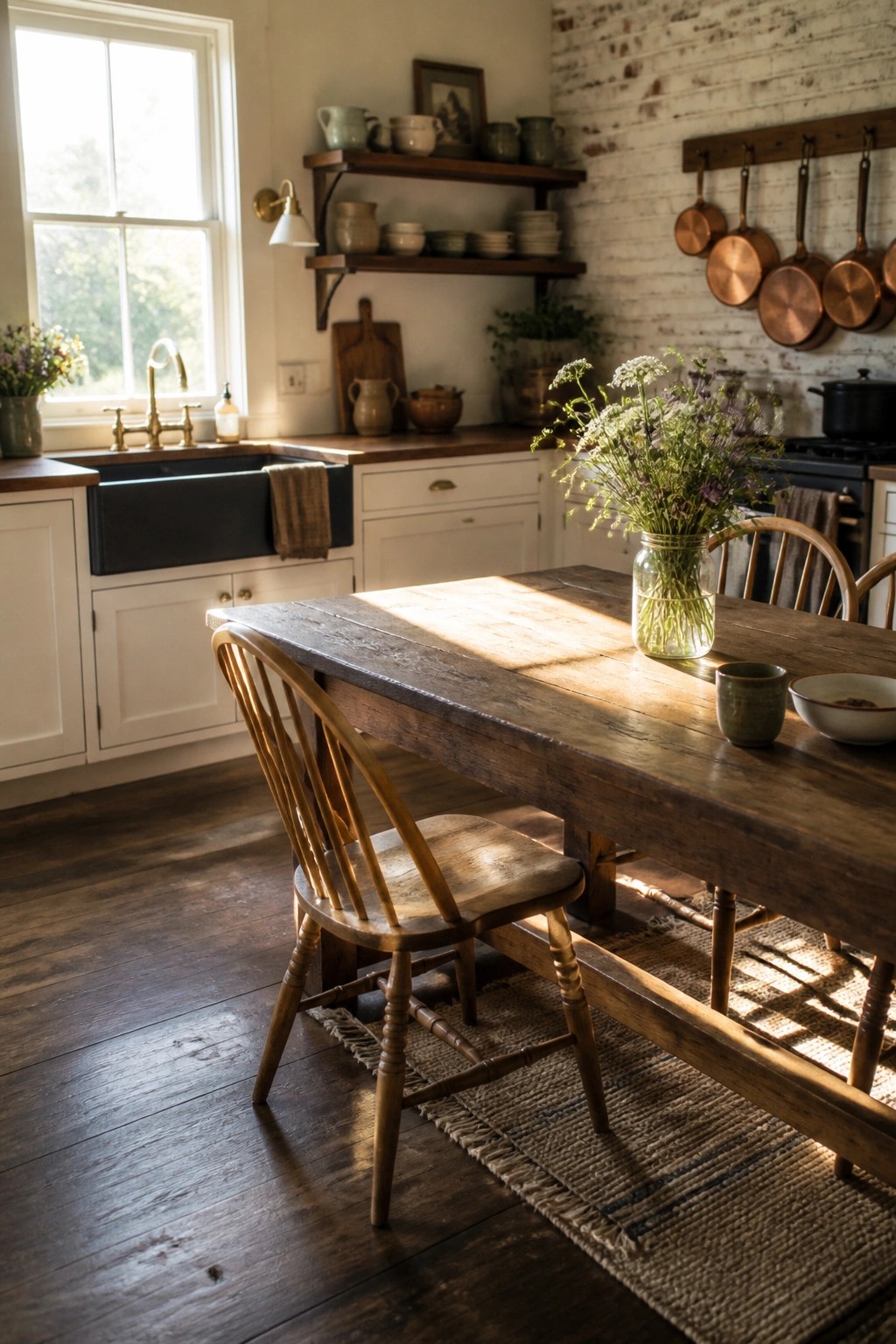 A rustic kitchen with dark walnut flooring, a large wooden dining table with spindle-back chairs, white cabinets, and a black farmhouse sink.