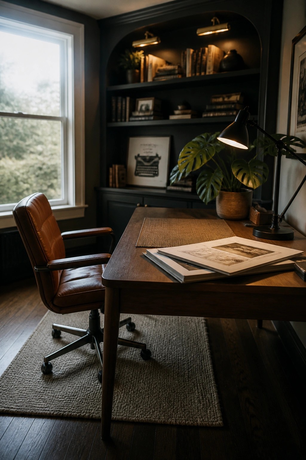 Brown leather chair at wooden desk in dark office with bookshelves and lamp