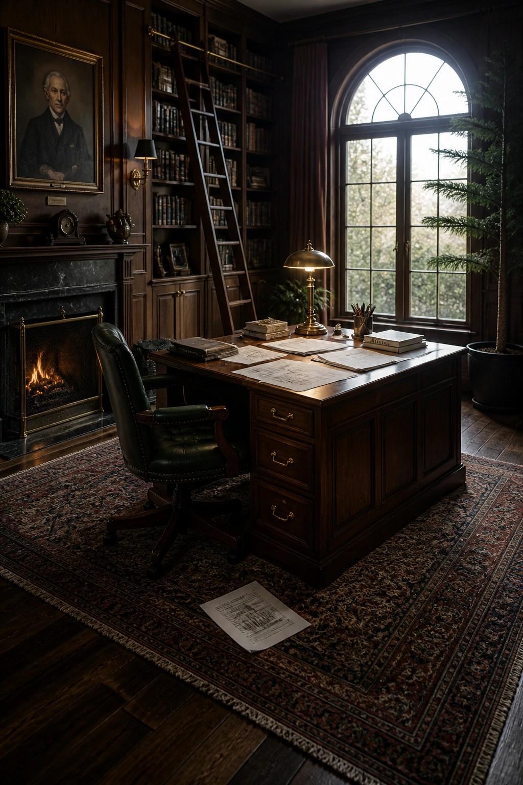A traditional wood-paneled study with a large desk on a patterned rug over dark walnut flooring, a fireplace on the left, and tall bookshelves along the back wall.