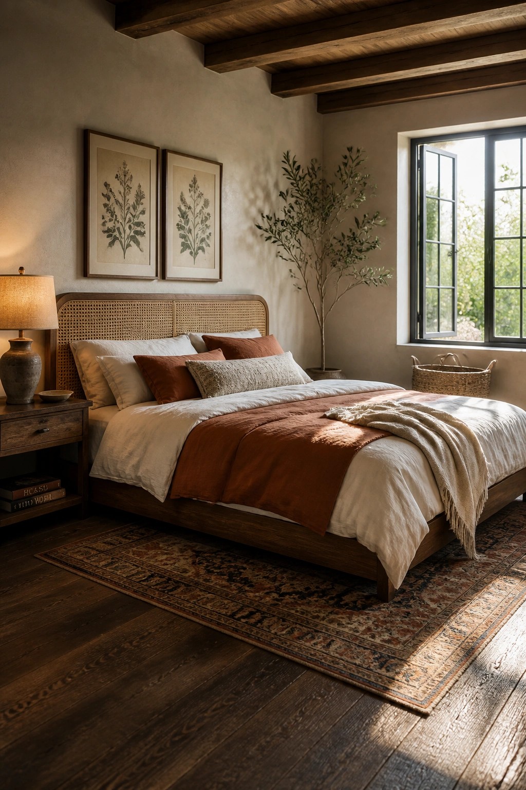 Cozy bedroom with cane headboard bed, terracotta linens, botanical prints, and woven rug