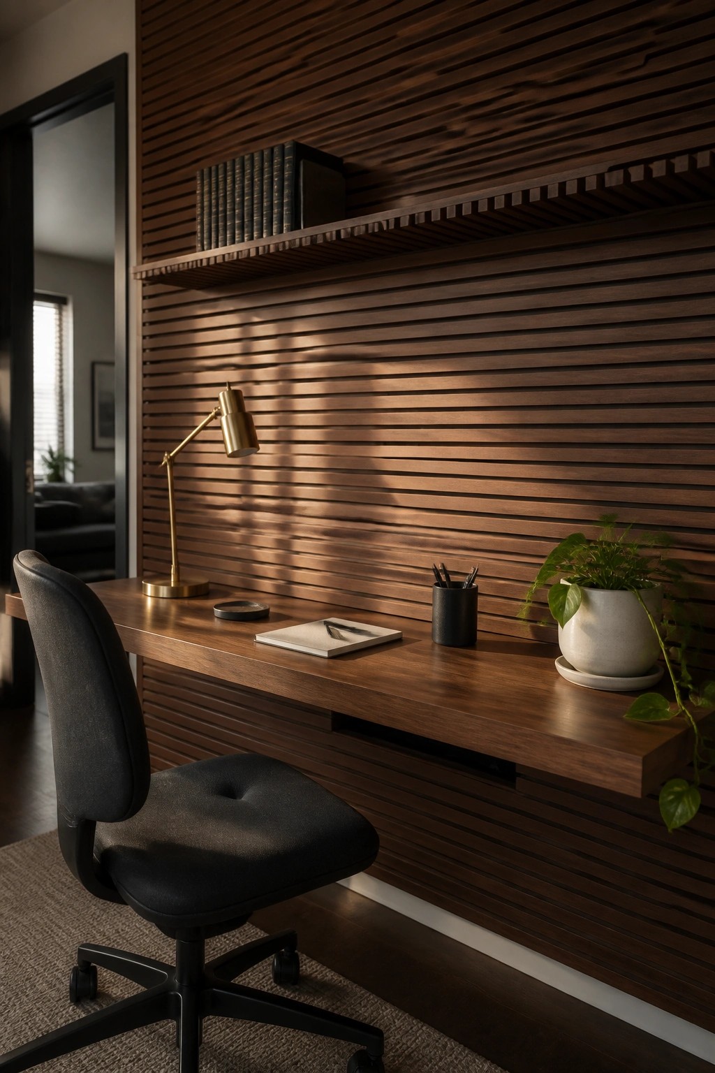 A home office with a built-in wooden desk extending from a horizontally slatted wood wall, accompanied by a black office chair, brass desk lamp, notebook, and potted plant.