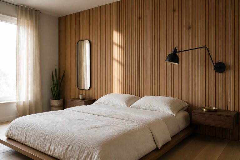 A bedroom with a bed dressed in beige linens against a full wall of vertical wood slats, a floating wood nightstand, a black wall sconce, and a tall mirror on the right.
