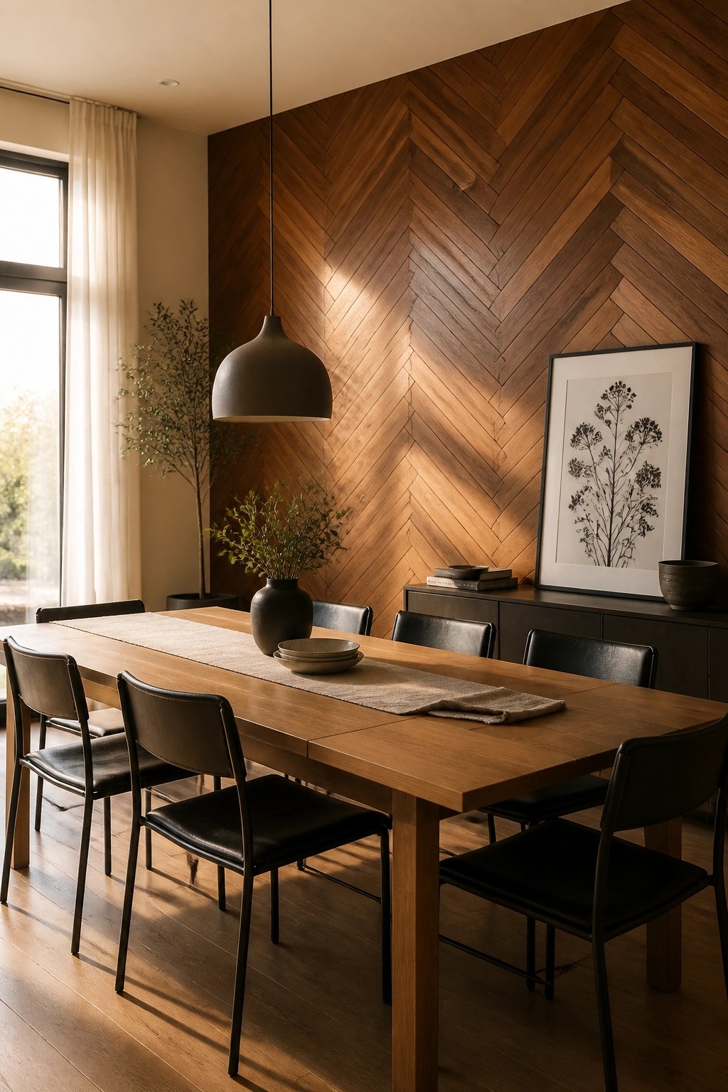 A dining room with a herringbone wood accent wall, a long wooden table, black leather chairs, a pendant light, and a framed botanical print.