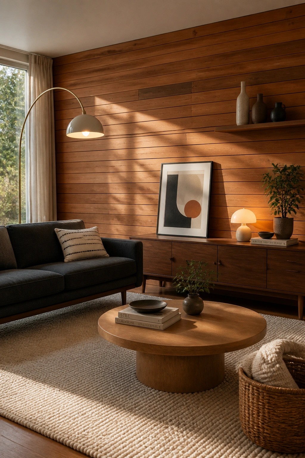 Living room with a full horizontal wood plank accent wall, dark sofa, round wood coffee table, and low wood console.