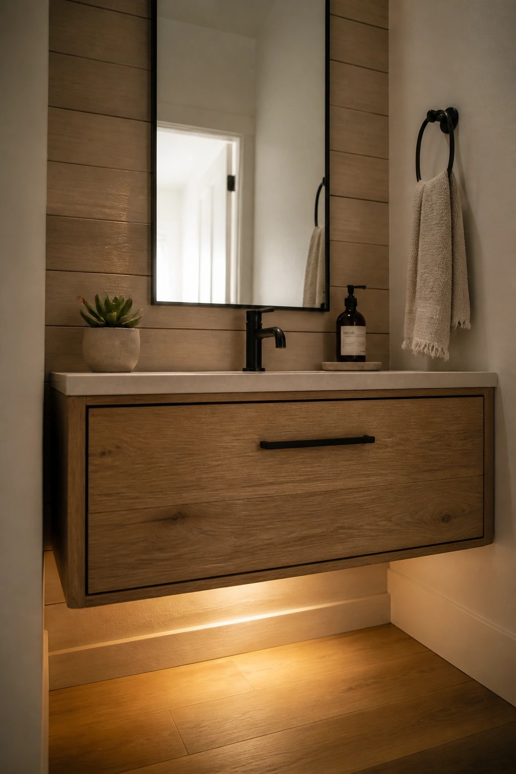 A bathroom with horizontal wood plank walls, a floating wood vanity with black hardware, a black-framed mirror, and a potted plant on the counter.