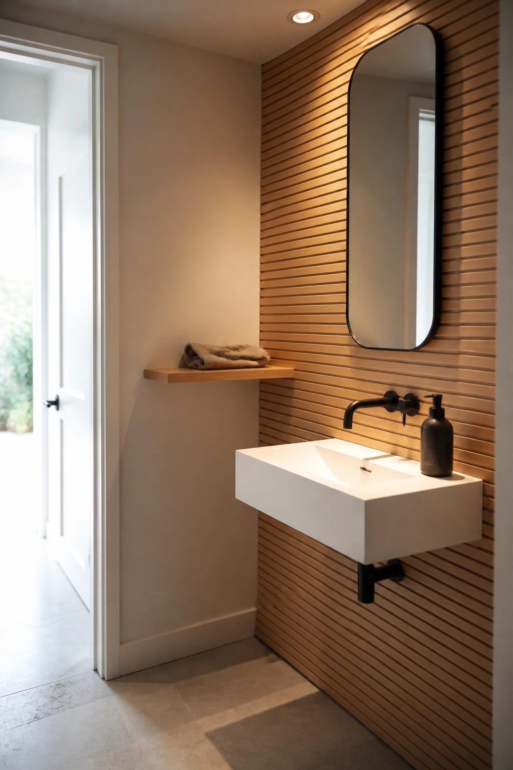 A minimalist bathroom with a floating white sink on a wall of horizontal wood slats, a black-framed mirror above it, and a small wooden shelf holding a folded towel.
