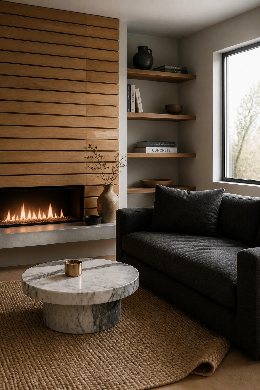 A modern living room with a fireplace built into a wall of horizontal wood slats, a round marble coffee table on a woven rug, and a dark sofa beside built-in wooden shelves.