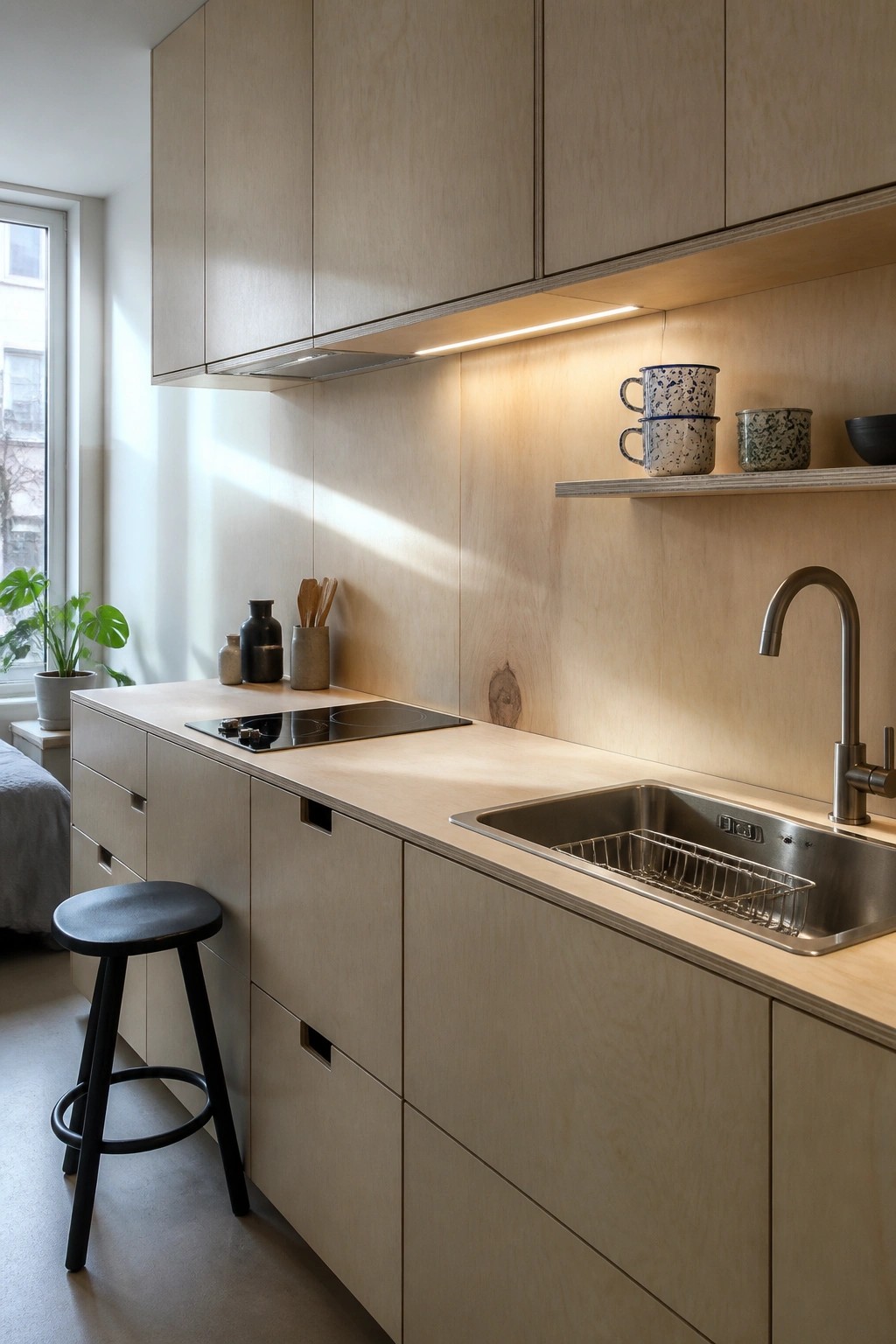 A minimalist kitchen with floor-to-ceiling light wood cabinets, a stainless steel sink, and a black induction cooktop.